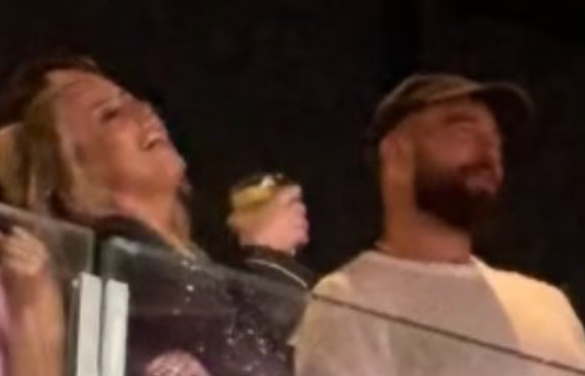 Brittany Mahomes and Travis Kelce during Taylor Swift's surprise song section of the Eras Tour N3 Amsterdam