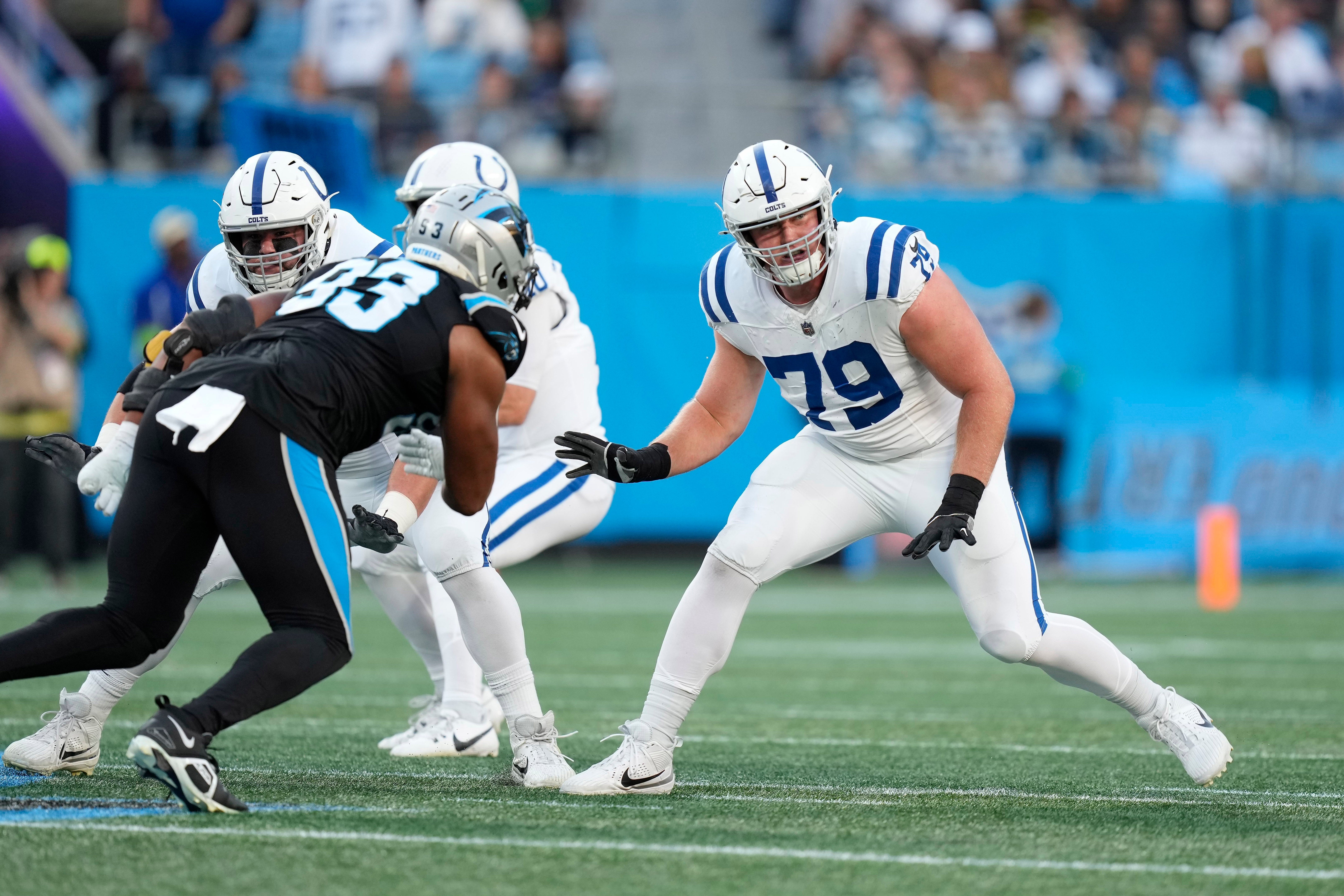 Nov 5, 2023; Charlotte, North Carolina, USA; Indianapolis Colts offensive tackle Bernhard Raimann (79) during the first quarter against the Carolina Panthers at Bank of America Stadium.