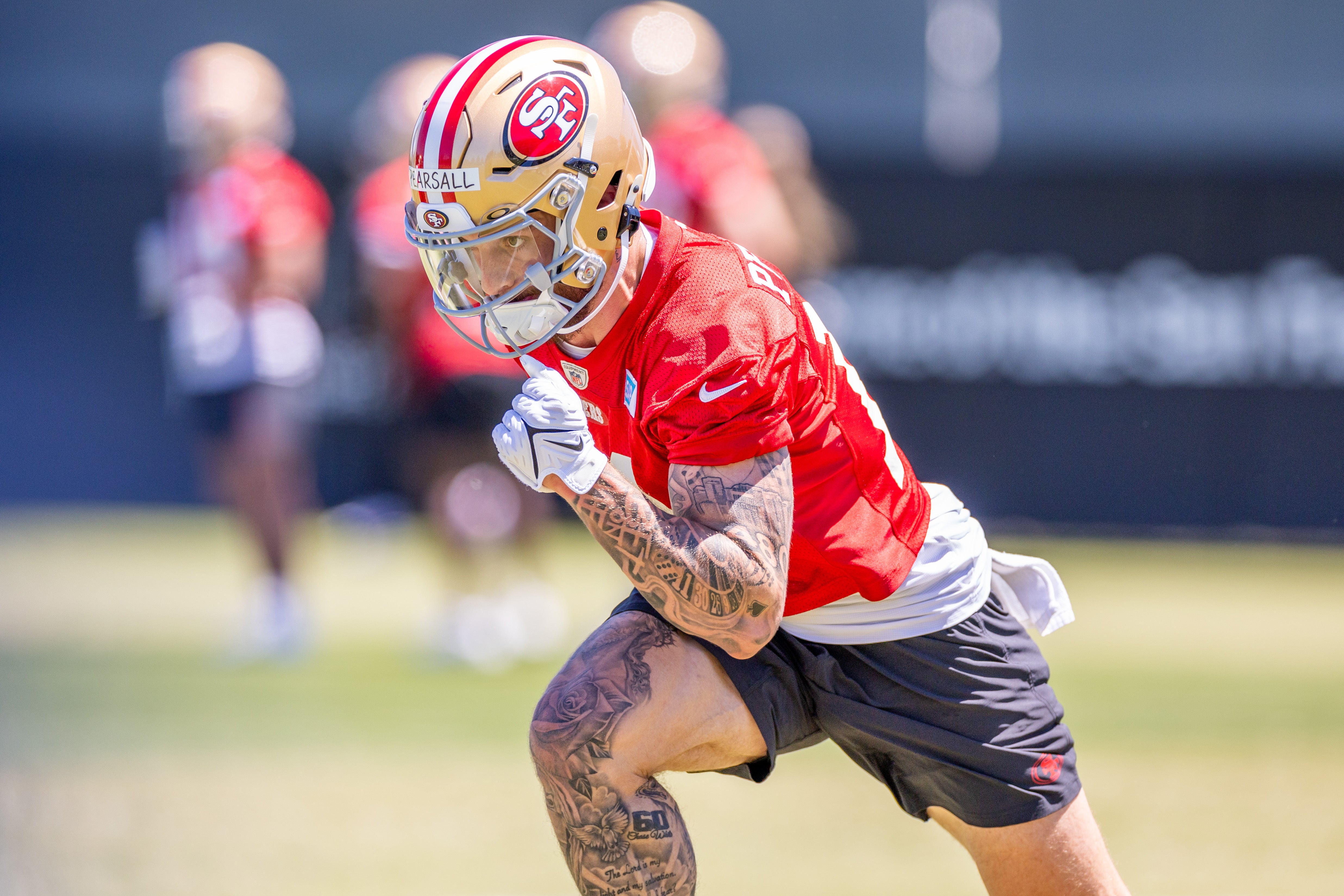 May 10, 2024; Santa Clara, CA, USA; San Francisco 49ers wide receiver Ricky Pearsall (14) runs drills during the 49ers rookie minicamp at Levi’s Stadium in Santa Clara, CA.
