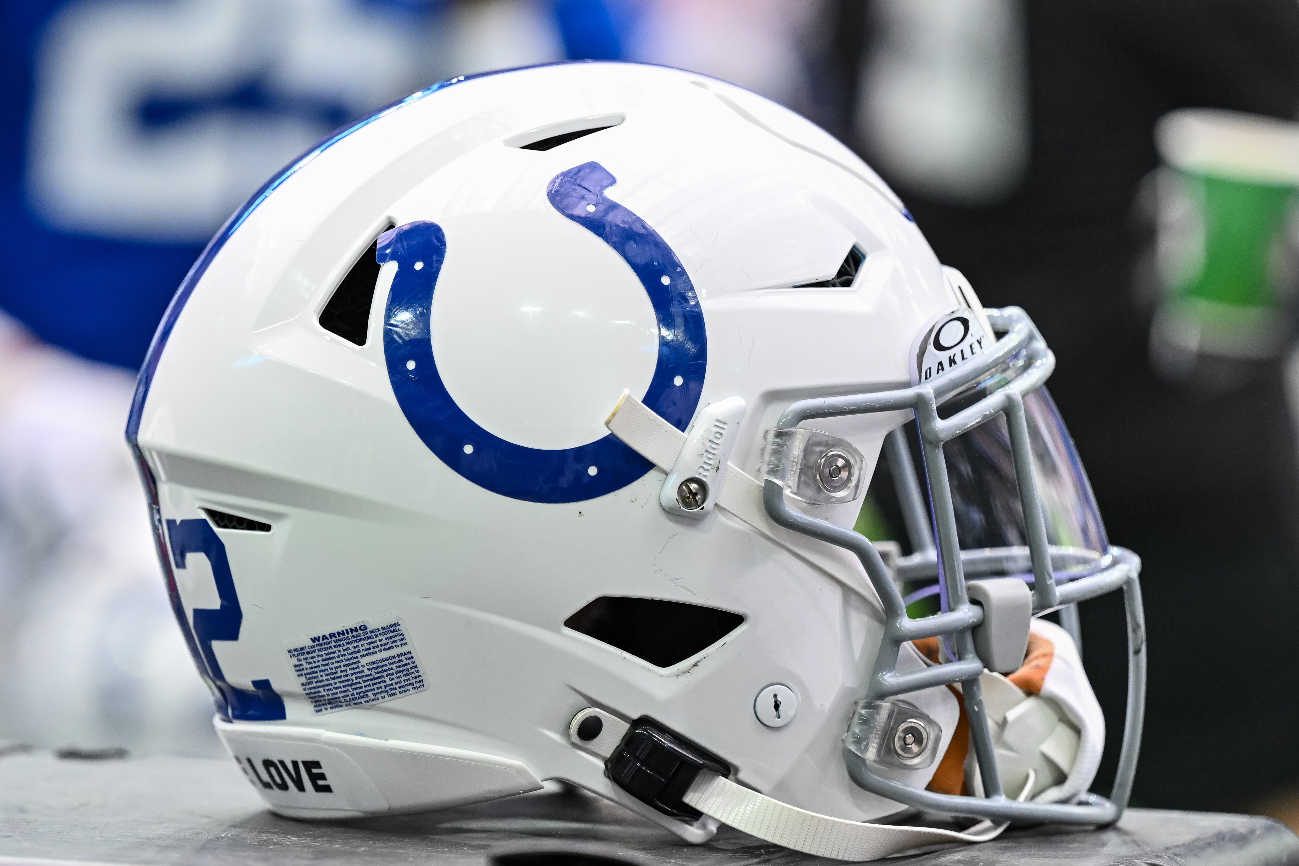 Sep 17, 2023; Houston, Texas, USA; A detailed view of an Indianapolis Colts helmet on the sideline during the game against the Houston Texans at NRG Stadium.