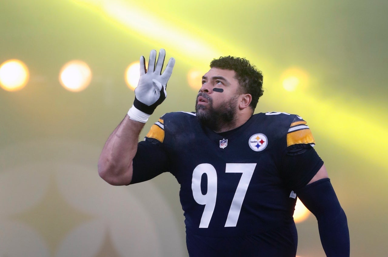 Dec 23, 2023; Pittsburgh, Pennsylvania, USA; Pittsburgh Steelers defensive tackle Cameron Heyward (97) reacts as he takes the field against the Cincinnati Bengals at Acrisure Stadium. Mandatory Credit: Charles LeClaire-USA TODAY Sports