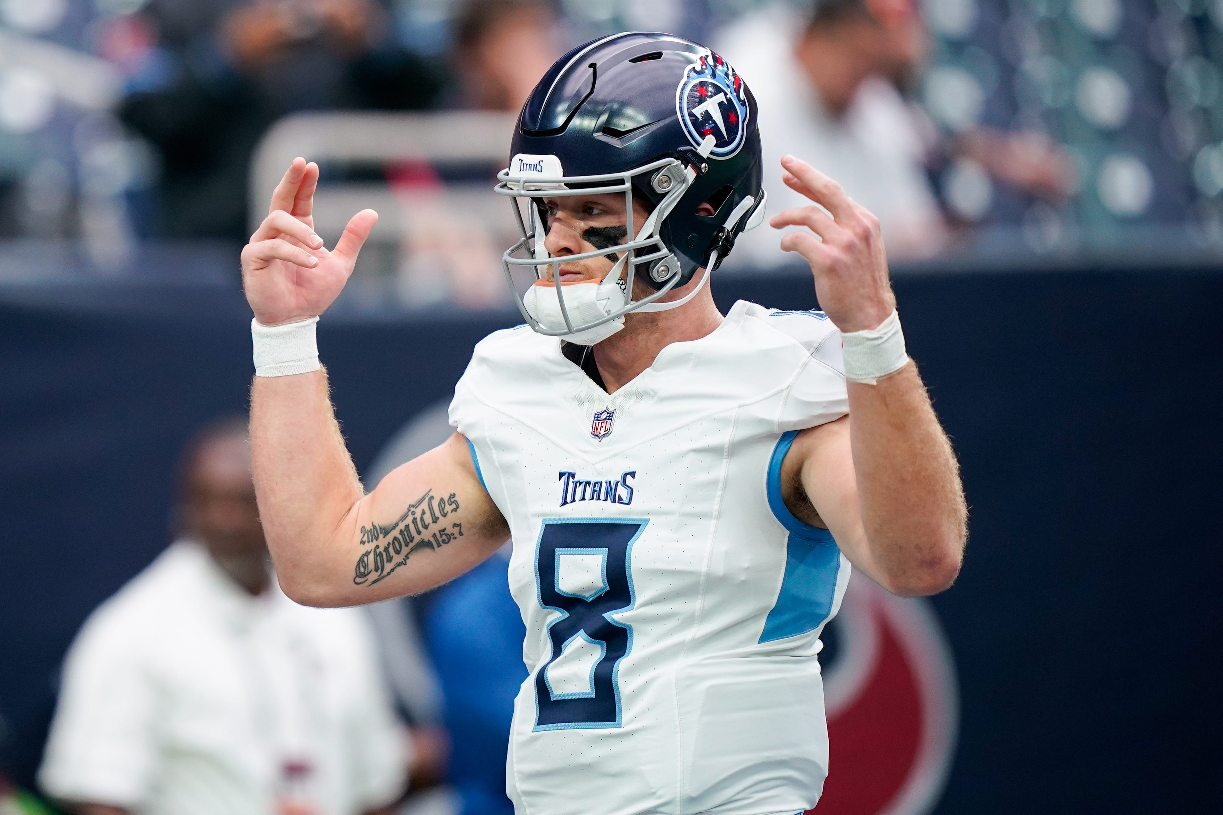 Tennessee Titans quarterback Will Levis (8) warms up before a game against the Houston Texans at NRG Stadium in Houston, Texas., Sunday, Dec. 31, 2023 Denny Simmons / The Tennessean-USA TODAY NETWORK