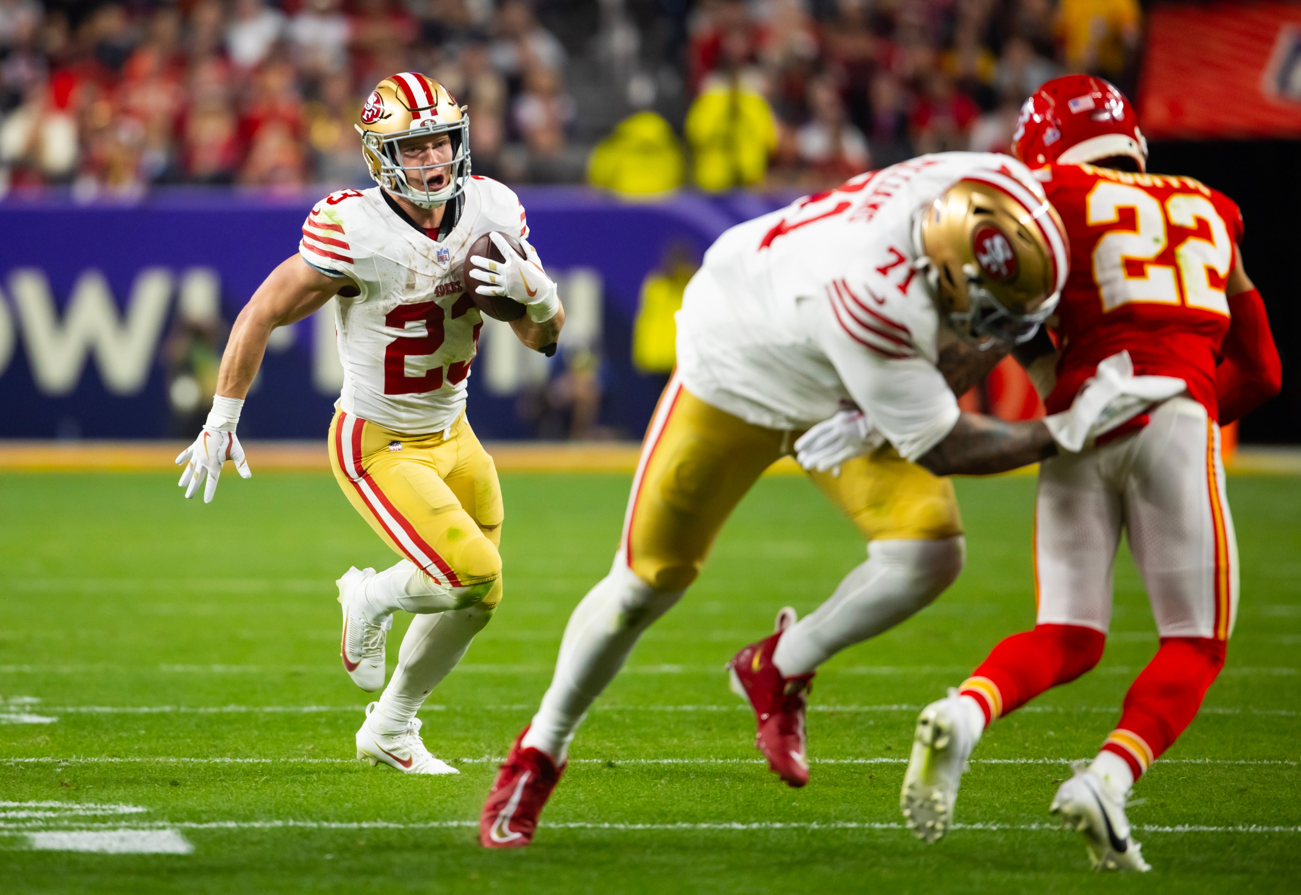Feb 11, 2024; Paradise, Nevada, USA; San Francisco 49ers running back Christian McCaffrey (23) against the Kansas City Chiefs in Super Bowl LVIII at Allegiant Stadium.