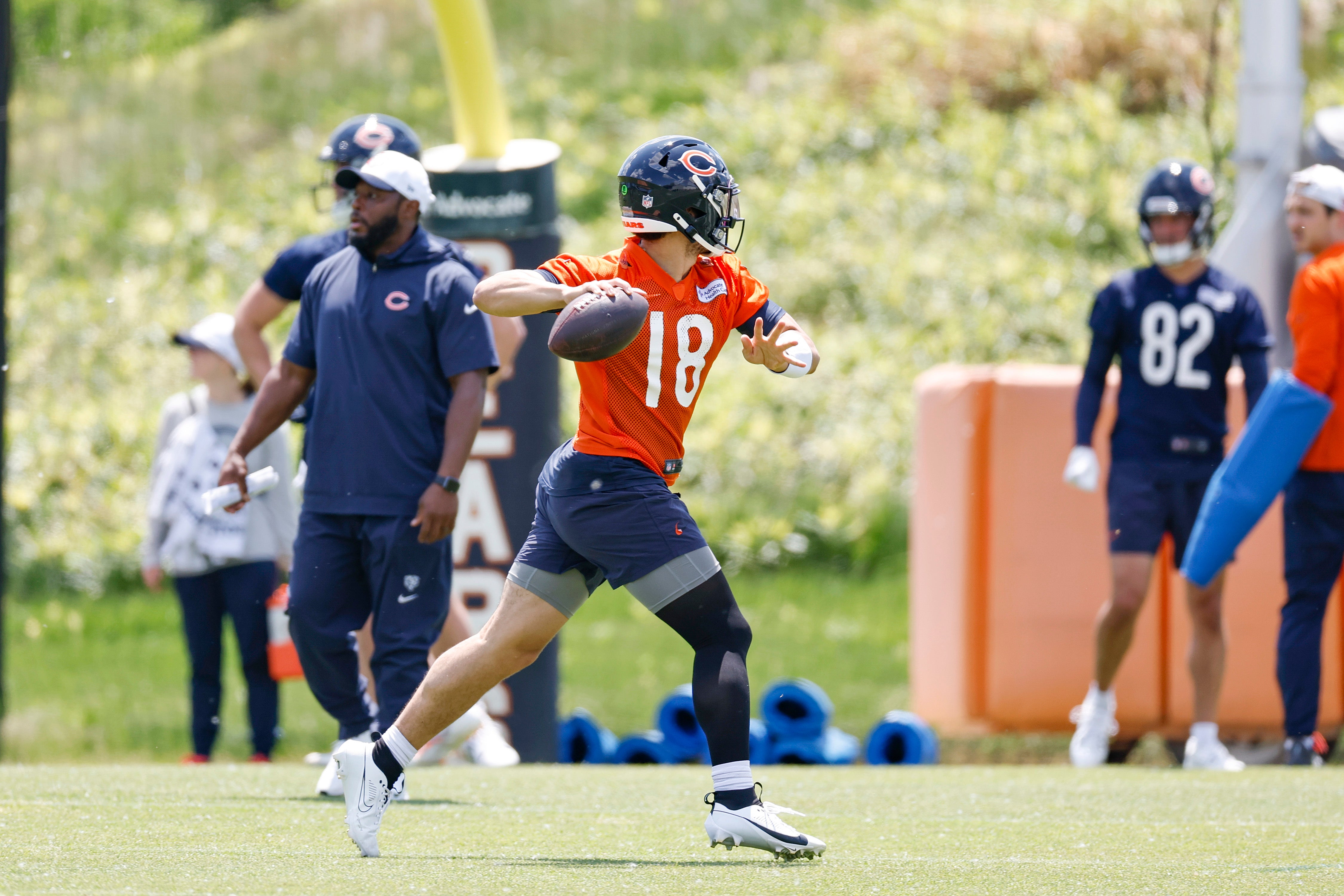 May 23, 2024; Lake Forest, IL, USA; Chicago Bears quarterback Caleb Williams (18) throws the ball during organized team activities at Halas Hall.
