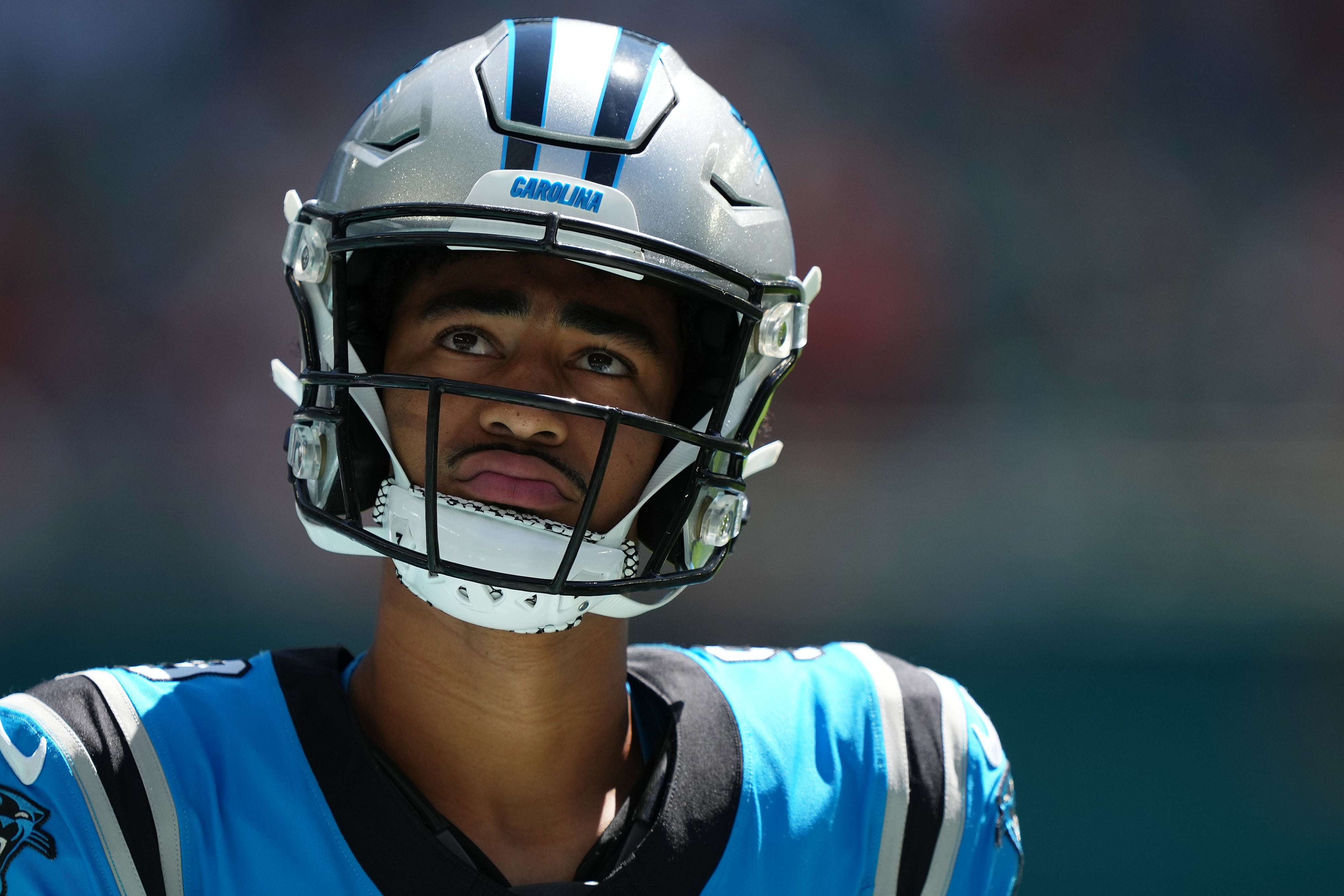 Oct 15, 2023; Miami Gardens, Florida, USA; Carolina Panthers quarterback Bryce Young (9) stands on the field before the game against the Miami Dolphins at Hard Rock Stadium. Mandatory Credit: Jasen Vinlove-USA TODAY Sports