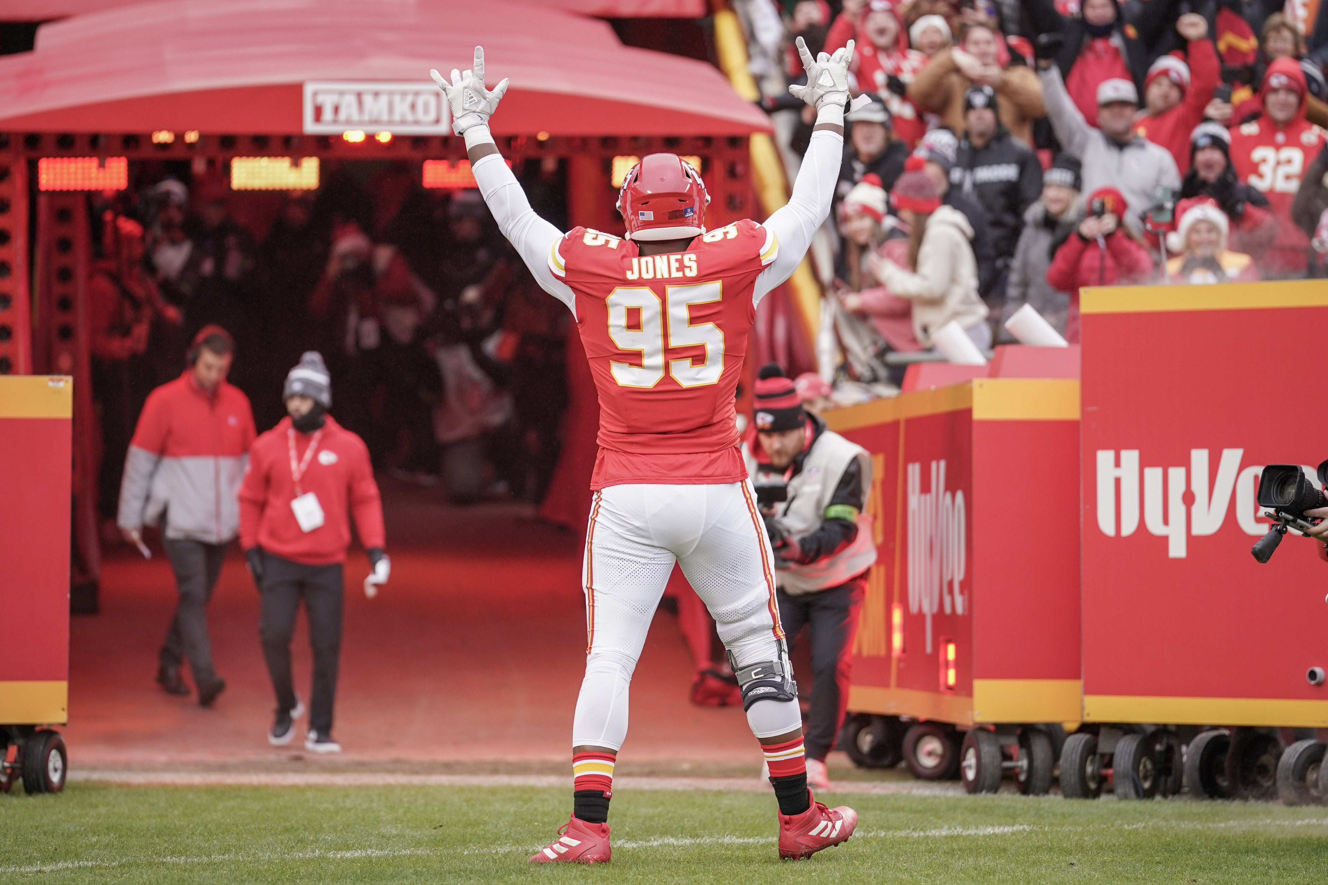 Dec 25, 2023; Kansas City, Missouri, USA; Kansas City Chiefs defensive tackle Chris Jones (95) is introduced against the Las Vegas Raiders prior to a game at GEHA Field at Arrowhead Stadium.