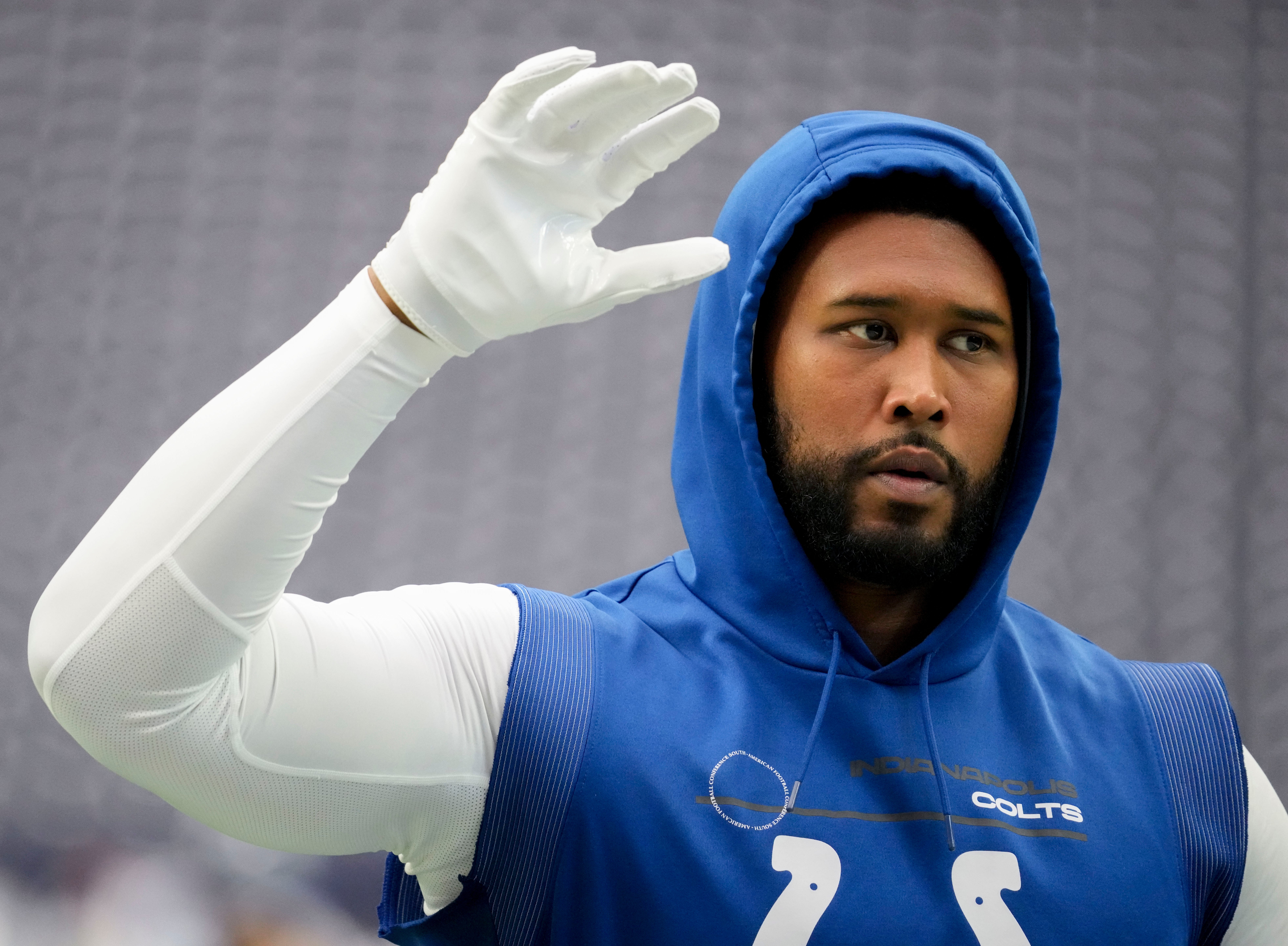 Sep 17, 2023; Houston, Texas, USA; Indianapolis Colts defensive tackle DeForest Buckner (99) walks the field Sunday, Sept. 17, 2023, before a game against the Houston Texans at NRG Stadium.