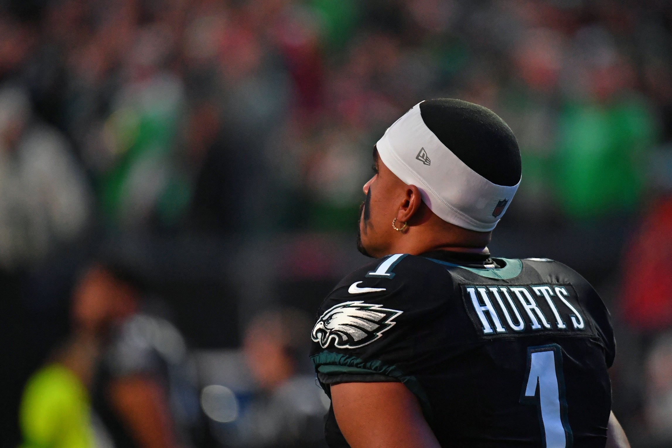Philadelphia Eagles quarterback Jalen Hurts (1) during the national anthem against the New York Giants at Lincoln Financial Field.
