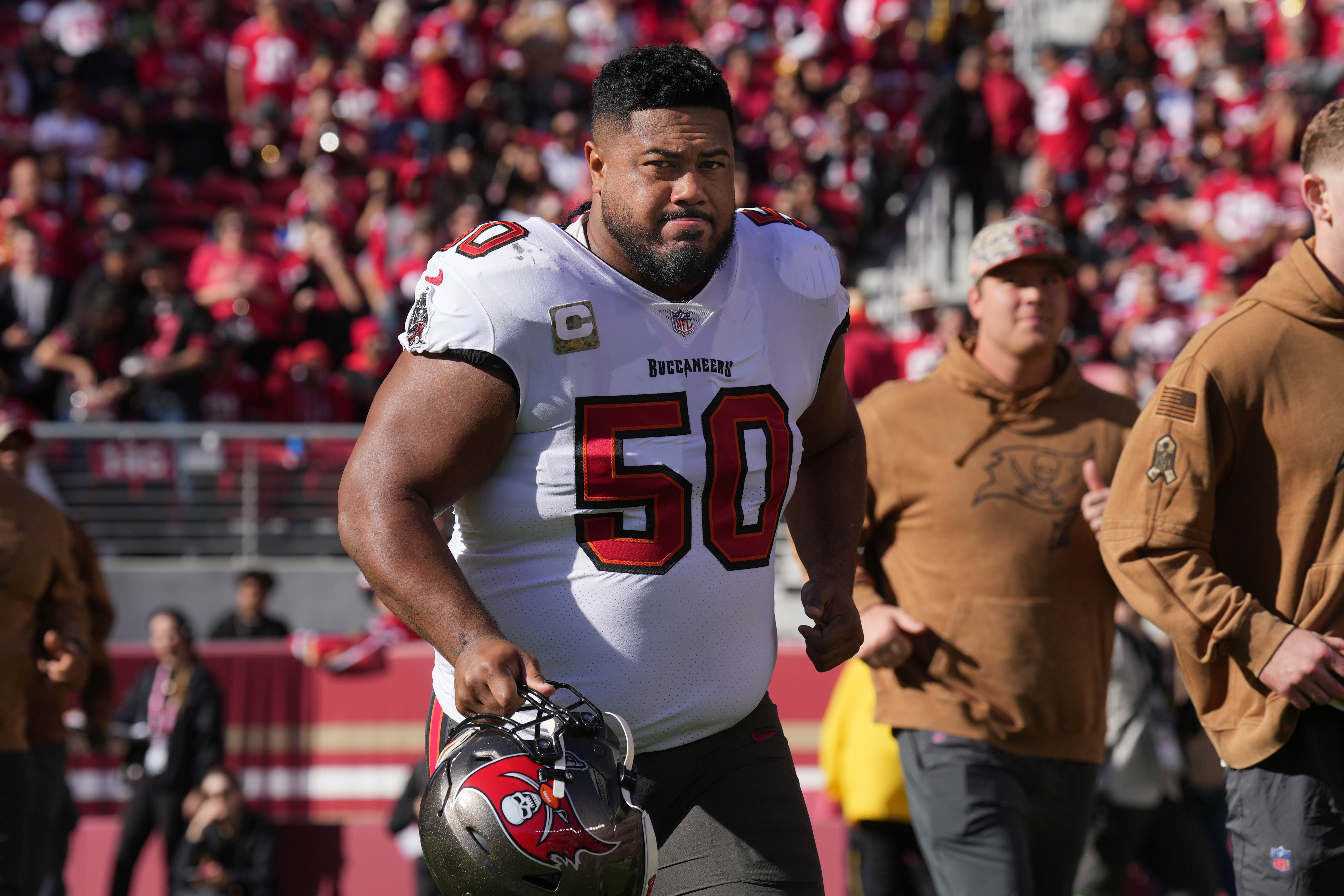 Nov 19, 2023; Santa Clara, California, USA; Tampa Bay Buccaneers defensive tackle Vita Vea (50) before the game against the San Francisco 49ers at Levi's Stadium.