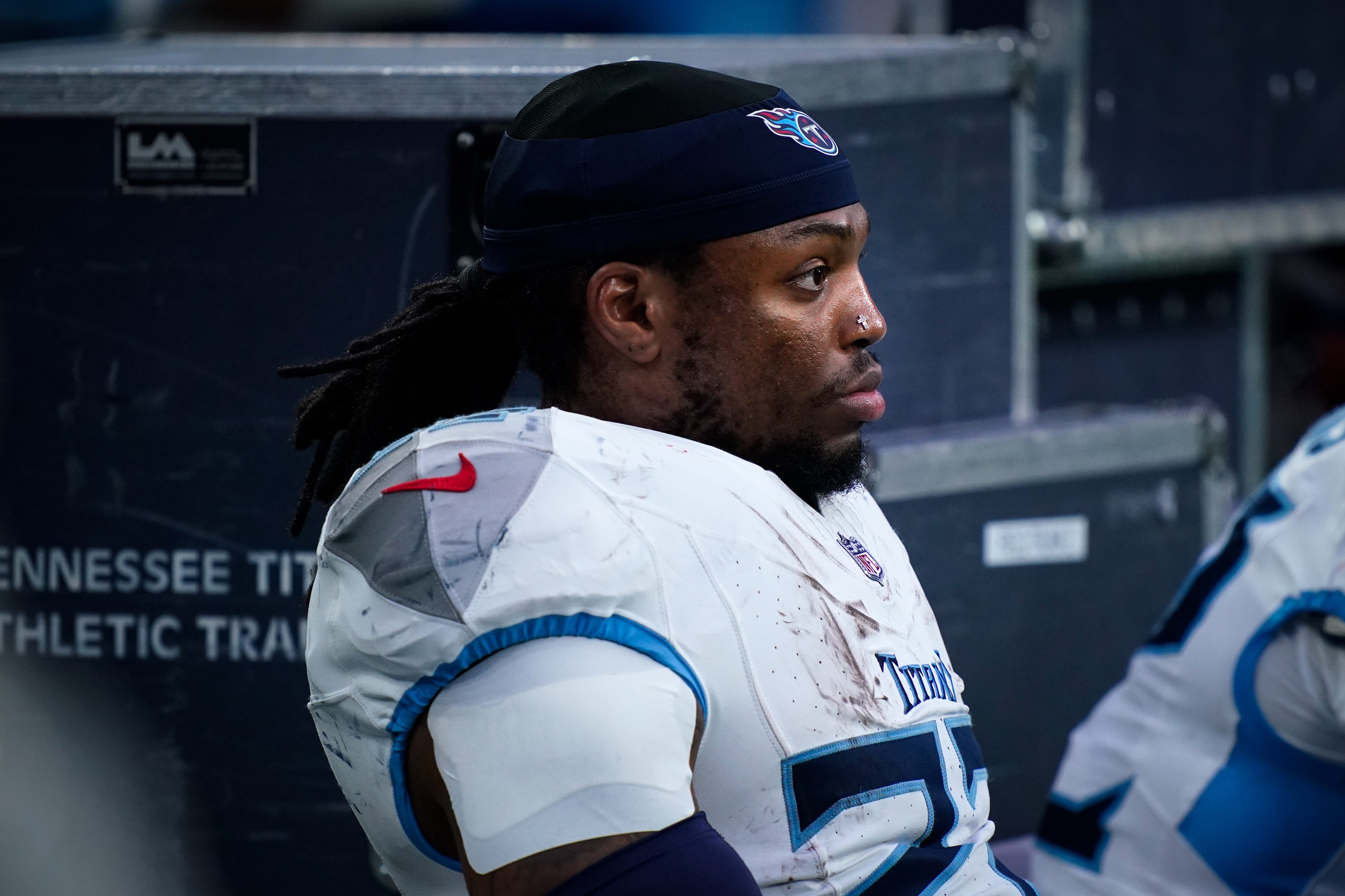 Tennessee Titans running back Derrick Henry (22) on the sideline late during the fourth quarter of their loss to the Houston Texans at NRG Stadium in Houston, Texas., Sunday, Dec. 31, 2023 Denny Simmons / The Tennessean-USA TODAY NETWORK