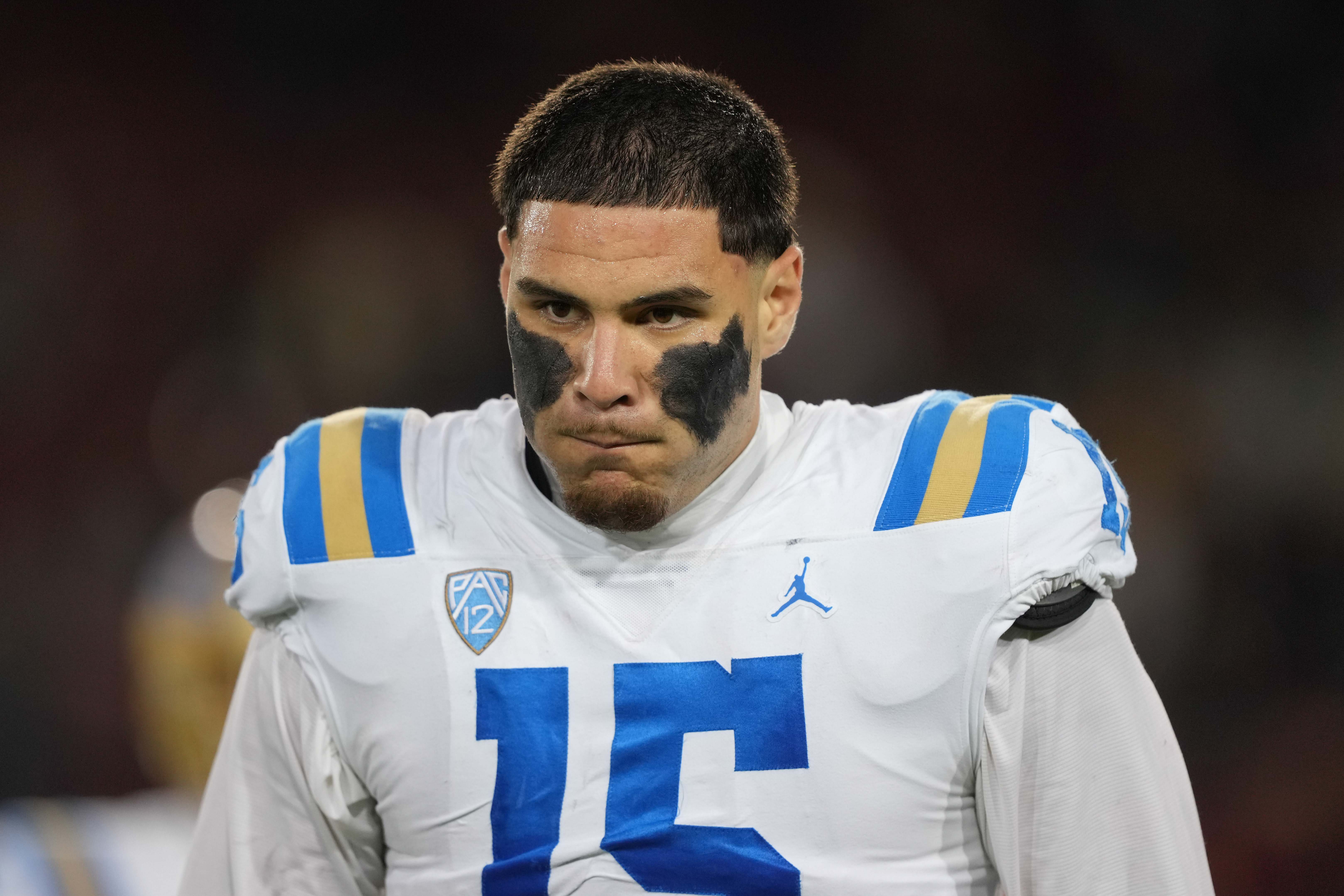 Oct 21, 2023; Stanford, California, USA; UCLA Bruins defensive lineman Laiatu Latu (15) during halftime against the Stanford Cardinal at Stanford Stadium.