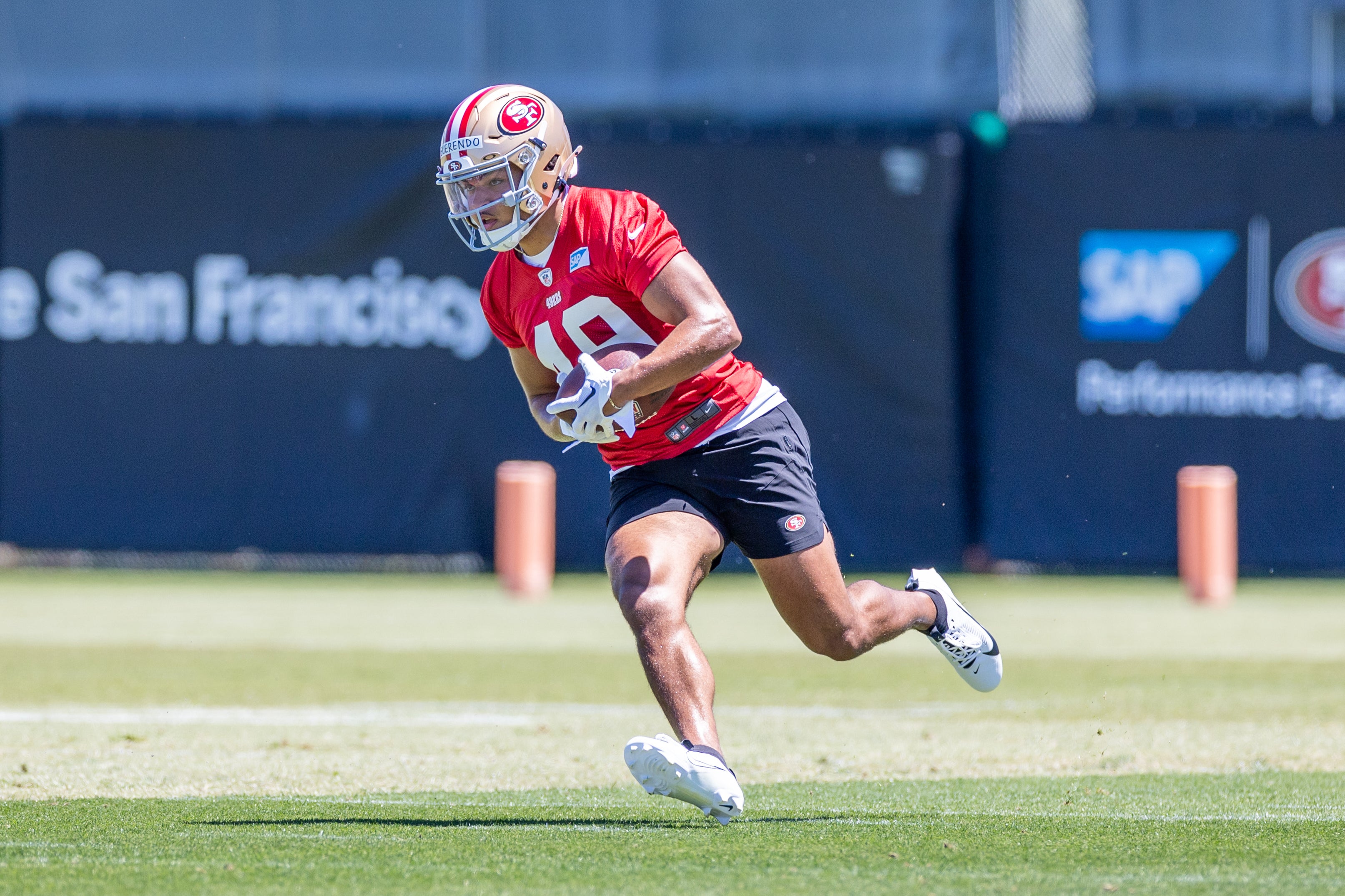 May 10, 2024; Santa Clara, CA, USA; San Francisco 49ers running back Isaac Guerendo (49) runs drills during the 49ers rookie minicamp at Levi’s Stadium in Santa Clara, CA.