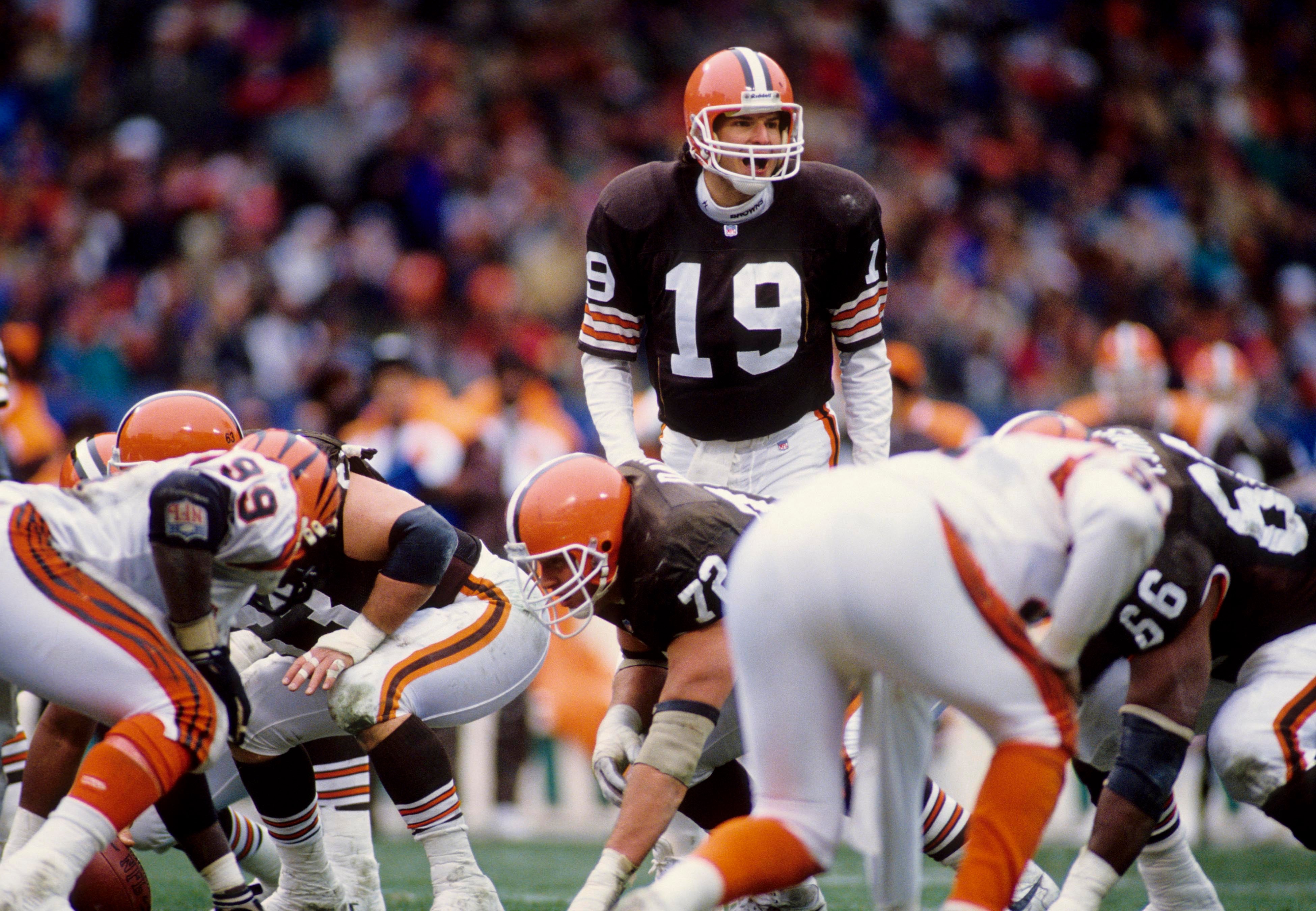 Dec 6, 1992; Cleveland, OH, USA; FILE PHOTO; Cleveland Browns quarterback Bernie Kosar (19) in action against the Cincinnati Bengals at Cleveland Stadium. The Browns defeated the Bengals 37-21. Mandatory Credit: USA TODAY Sports