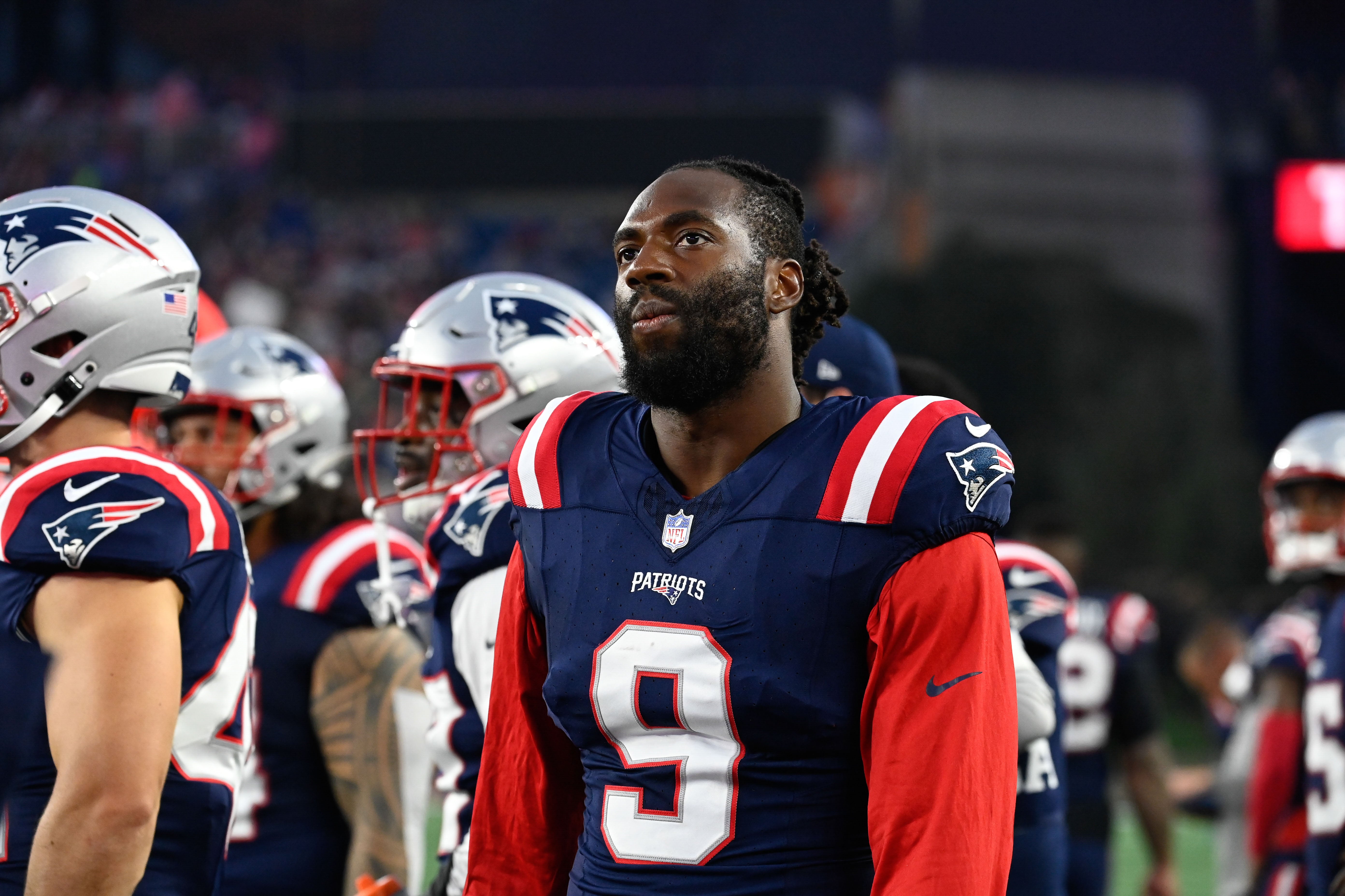 Aug 10, 2023; Foxborough, Massachusetts, USA; New England Patriots linebacker Matthew Judon (9) roams the sideline during the first half against the Houston Texans at Gillette Stadium.