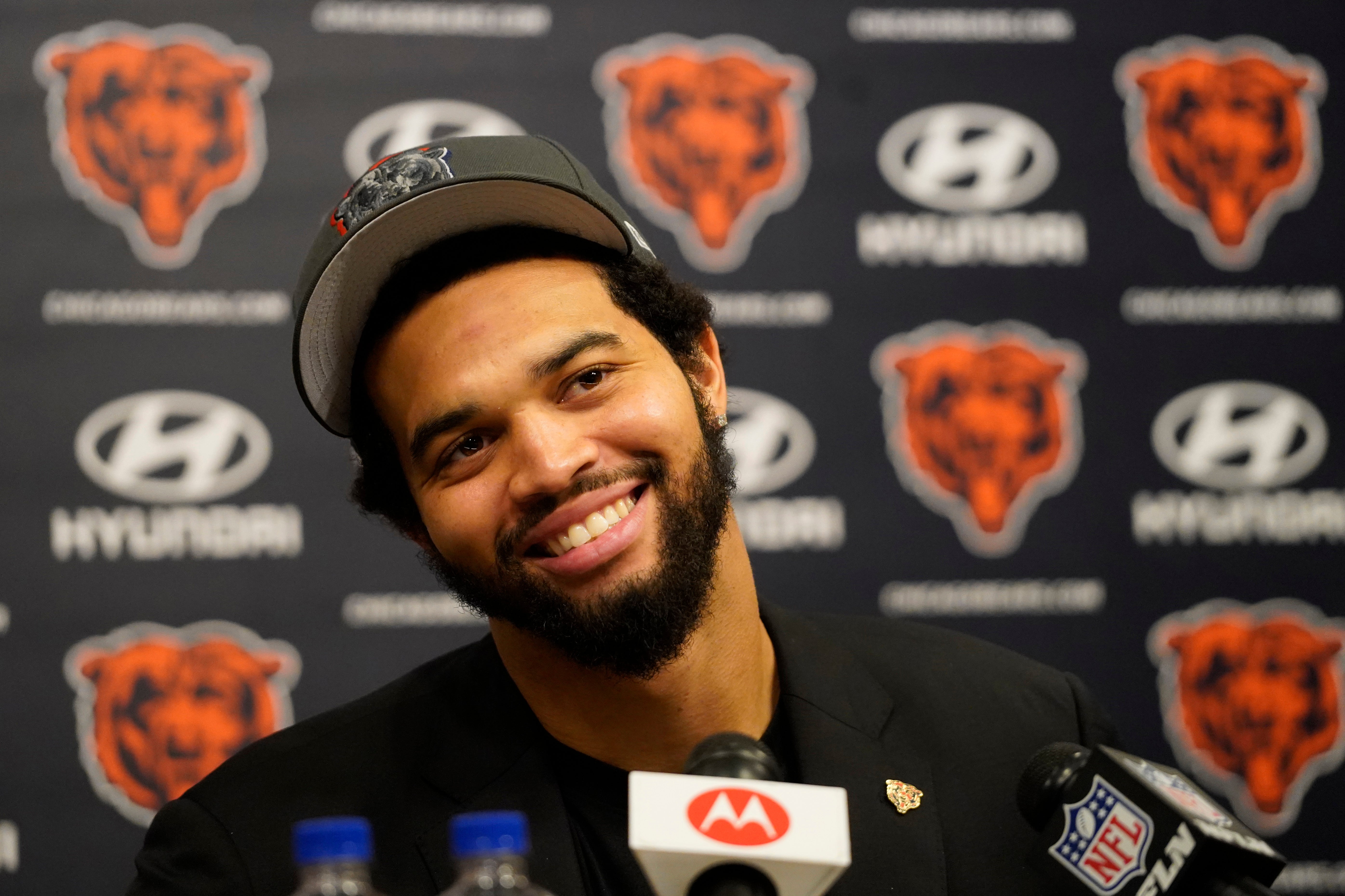 Apr 26, 2024; Lake Forest, IL, USA; Chicago Bears number one draft choice Caleb Williams at a press conference at Halas Hall.
