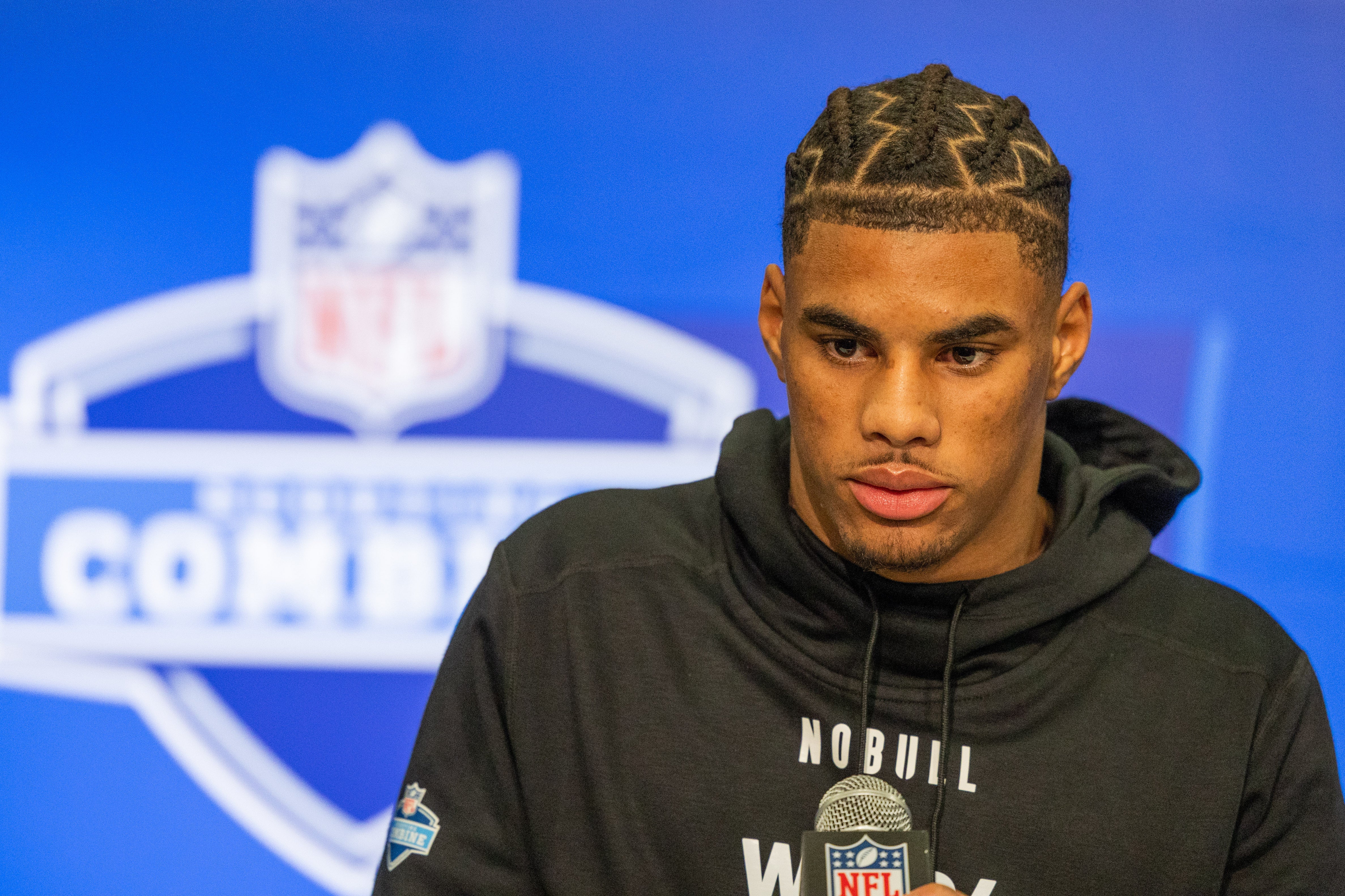 Mar 1, 2024; Indianapolis, IN, USA; Florida State wide receiver Keon Coleman (WO04) talks to the media during the 2024 NFL Combine at Lucas Oil Stadium
