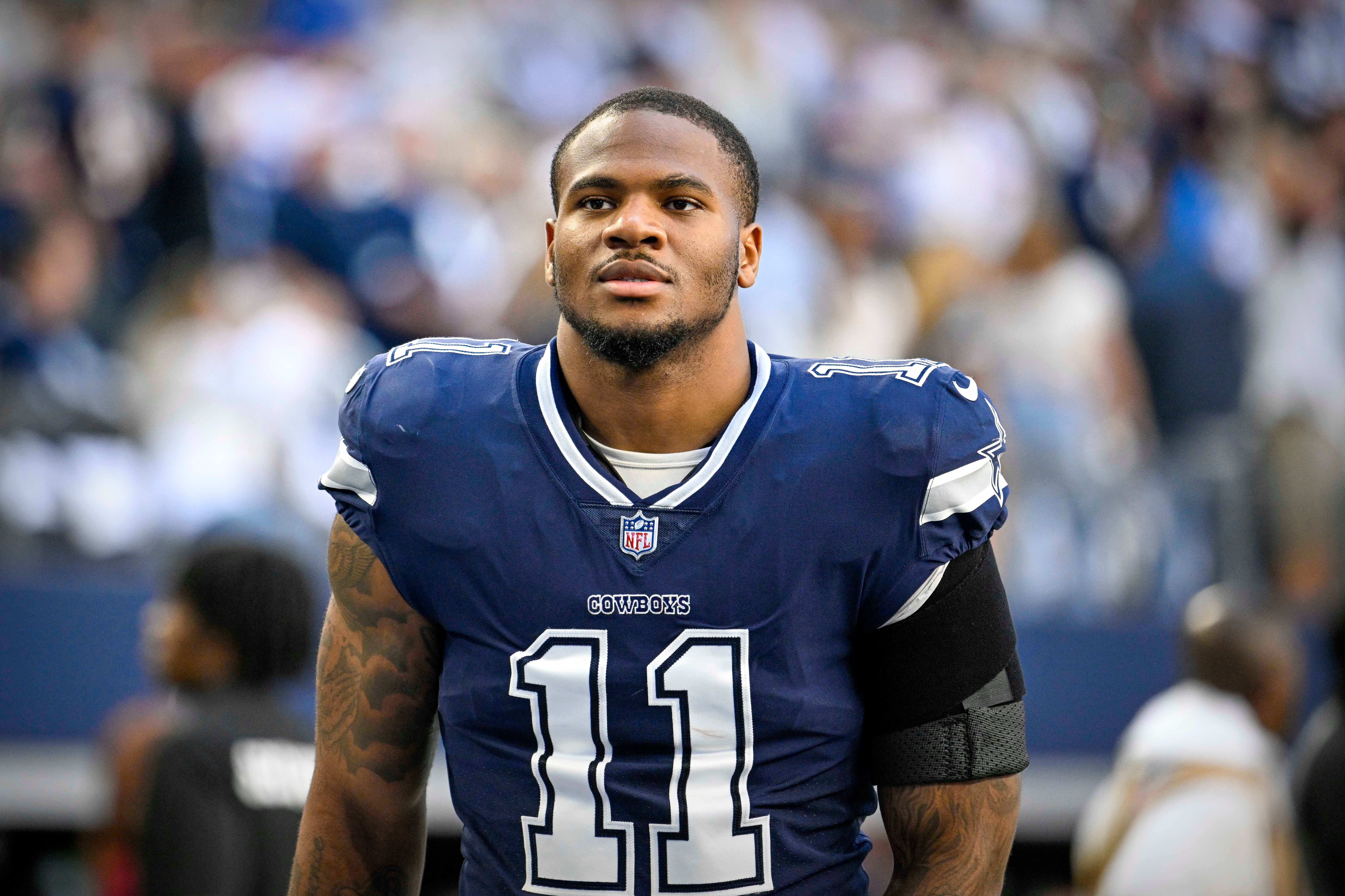 Dallas Cowboys linebacker Micah Parsons (11) before the game between the Dallas Cowboys and the Chicago Bears at AT&T Stadium.