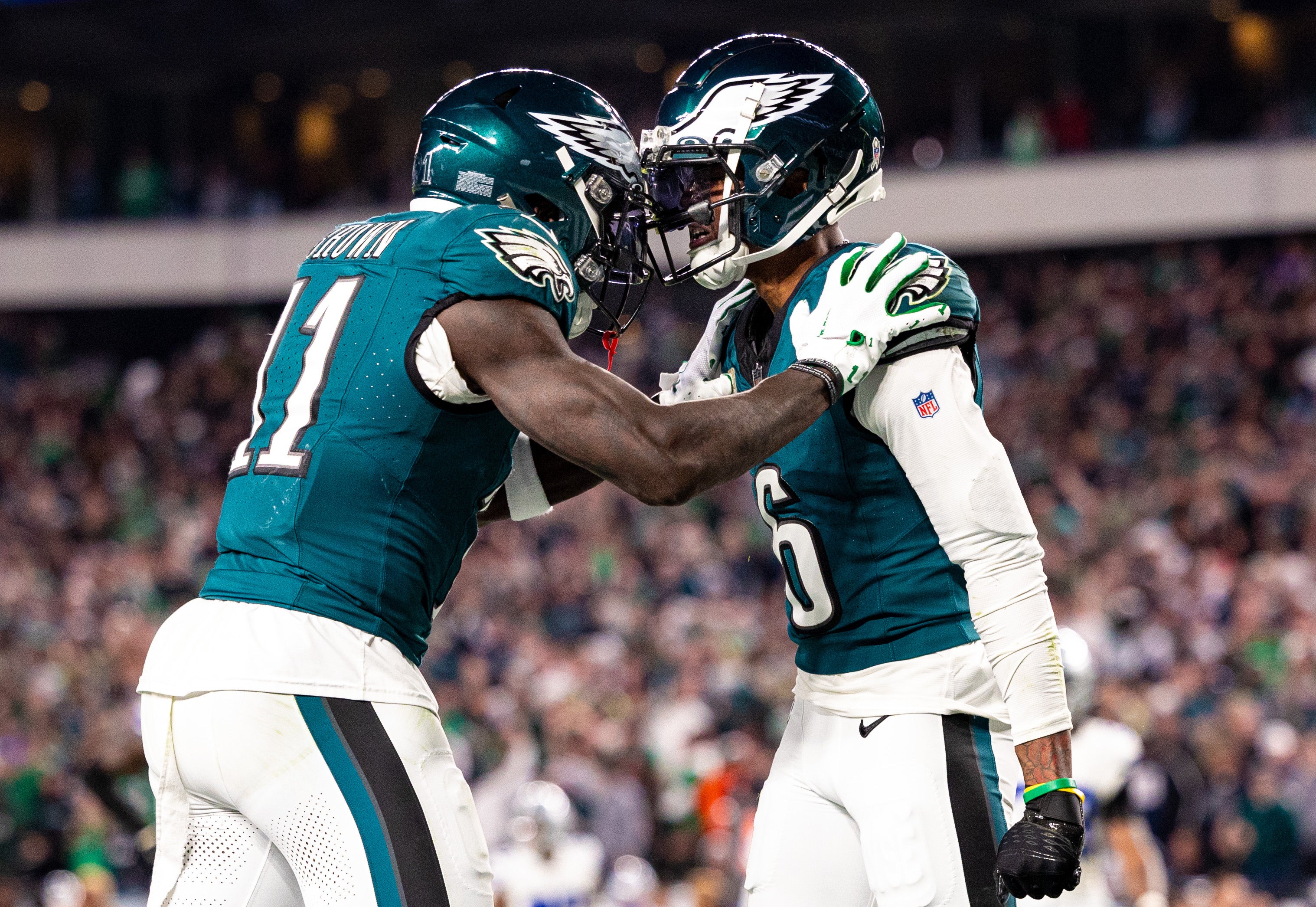 Philadelphia Eagles wide receiver DeVonta Smith (6) celebrates with wide receiver A.J. Brown (11) after a touchdown against the Dallas Cowboys during the third quarter at Lincoln Financial Field.