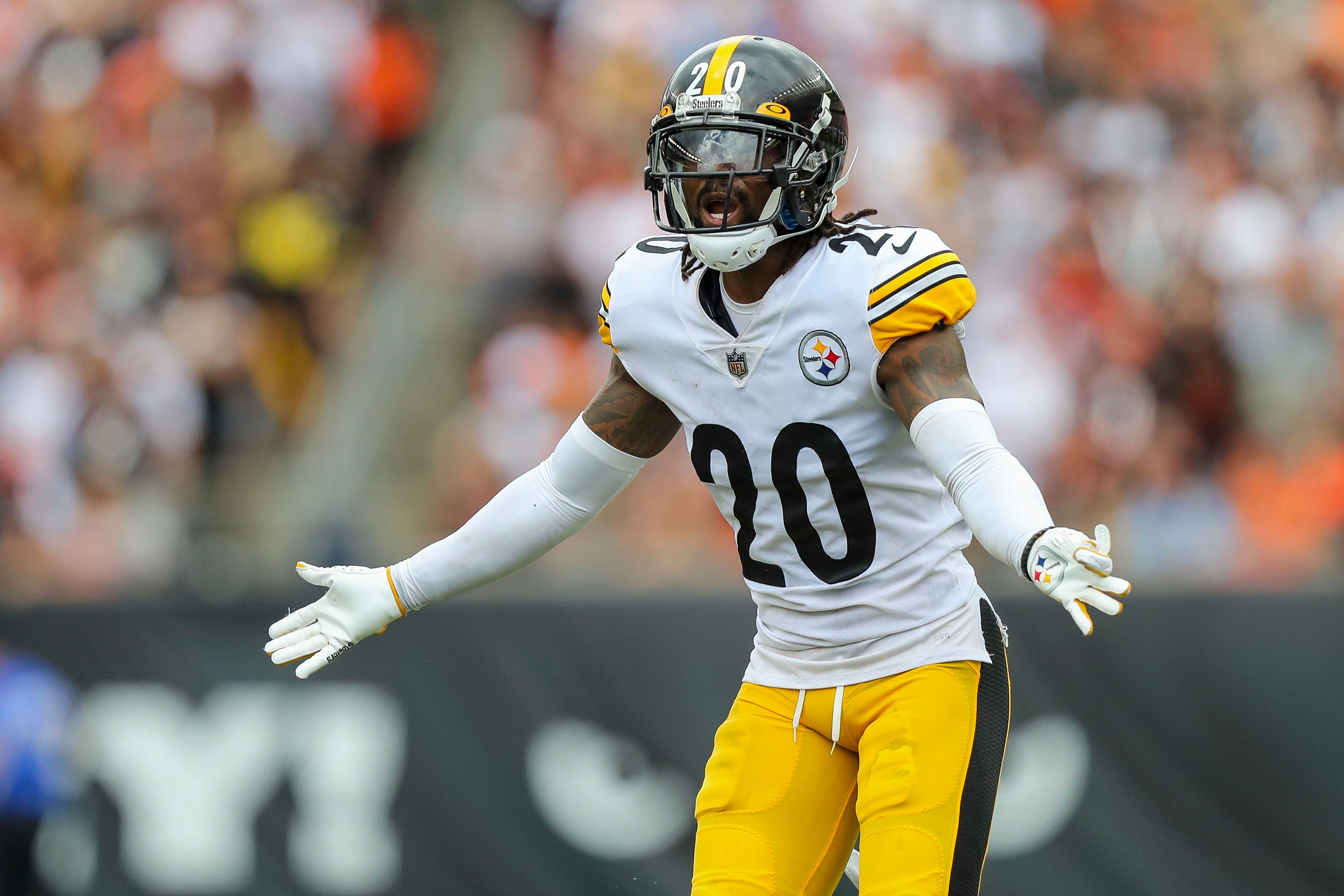 Sep 11, 2022; Cincinnati, Ohio, USA; Pittsburgh Steelers cornerback Cameron Sutton (20) reacts after a foul called in the second half in the game against the Cincinnati Bengals at Paycor Stadium. Mandatory Credit: Katie Stratman-USA TODAY Sports