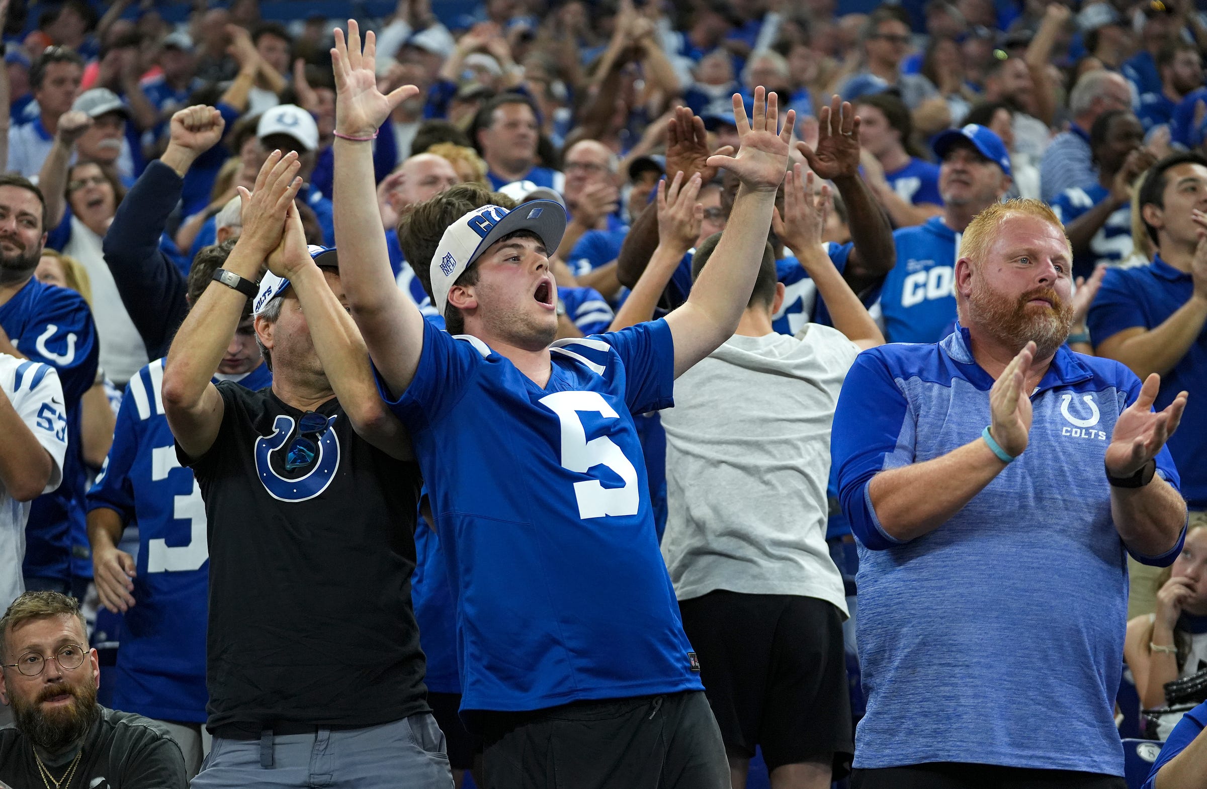 Fans react during the second half of the game against the Los Angeles Rams on Sunday, Oct. 1, 2023, at Lucas Oil Stadium in Indianapolis. The Colts lost in overtime, 29-23.