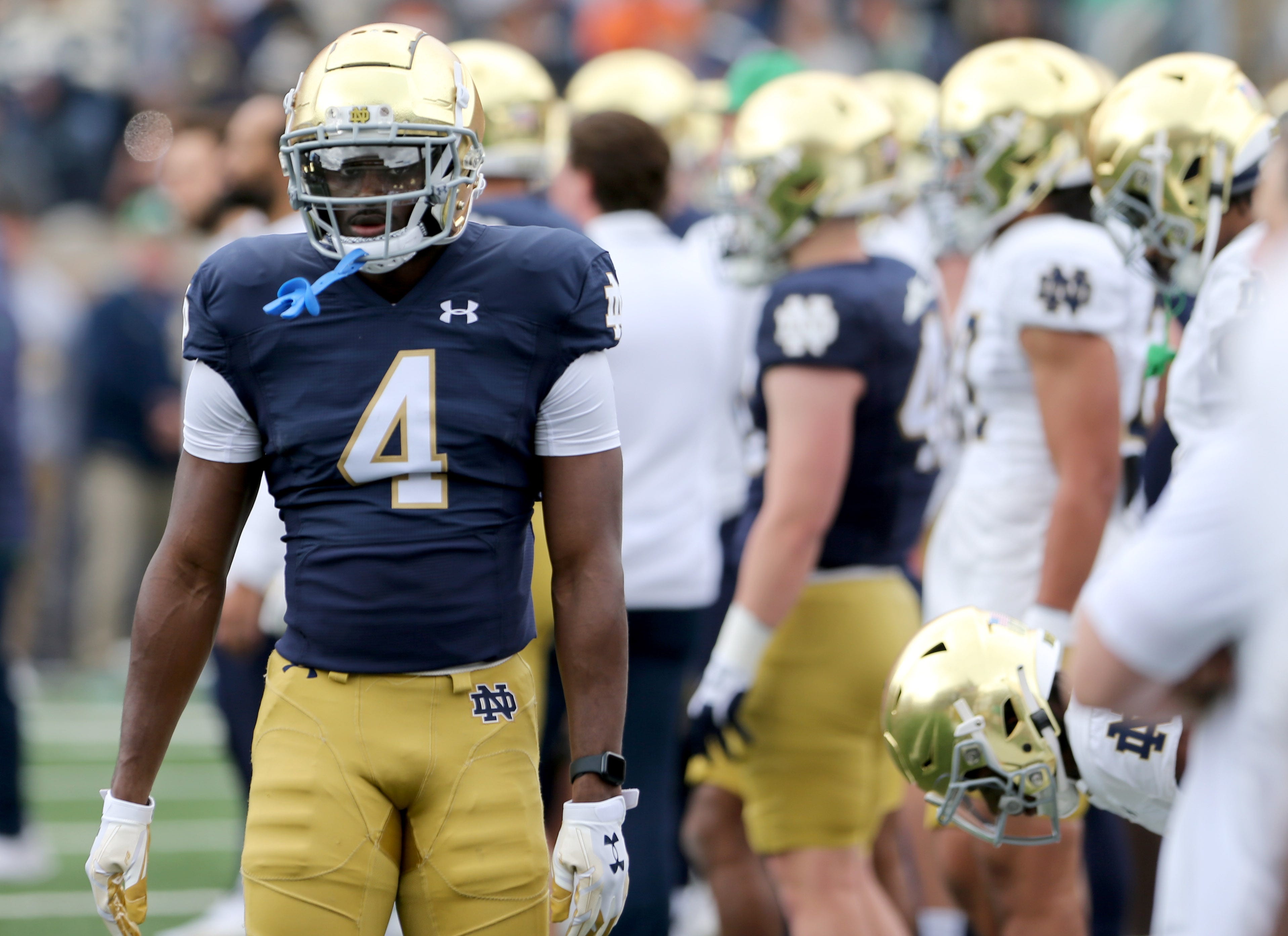 Notre Dame running back Jeremiyah Love (4) Saturday, April 20, 2024, at the annual Notre Dame Blue-Gold spring football game at Notre Dame Stadium in South Bend.