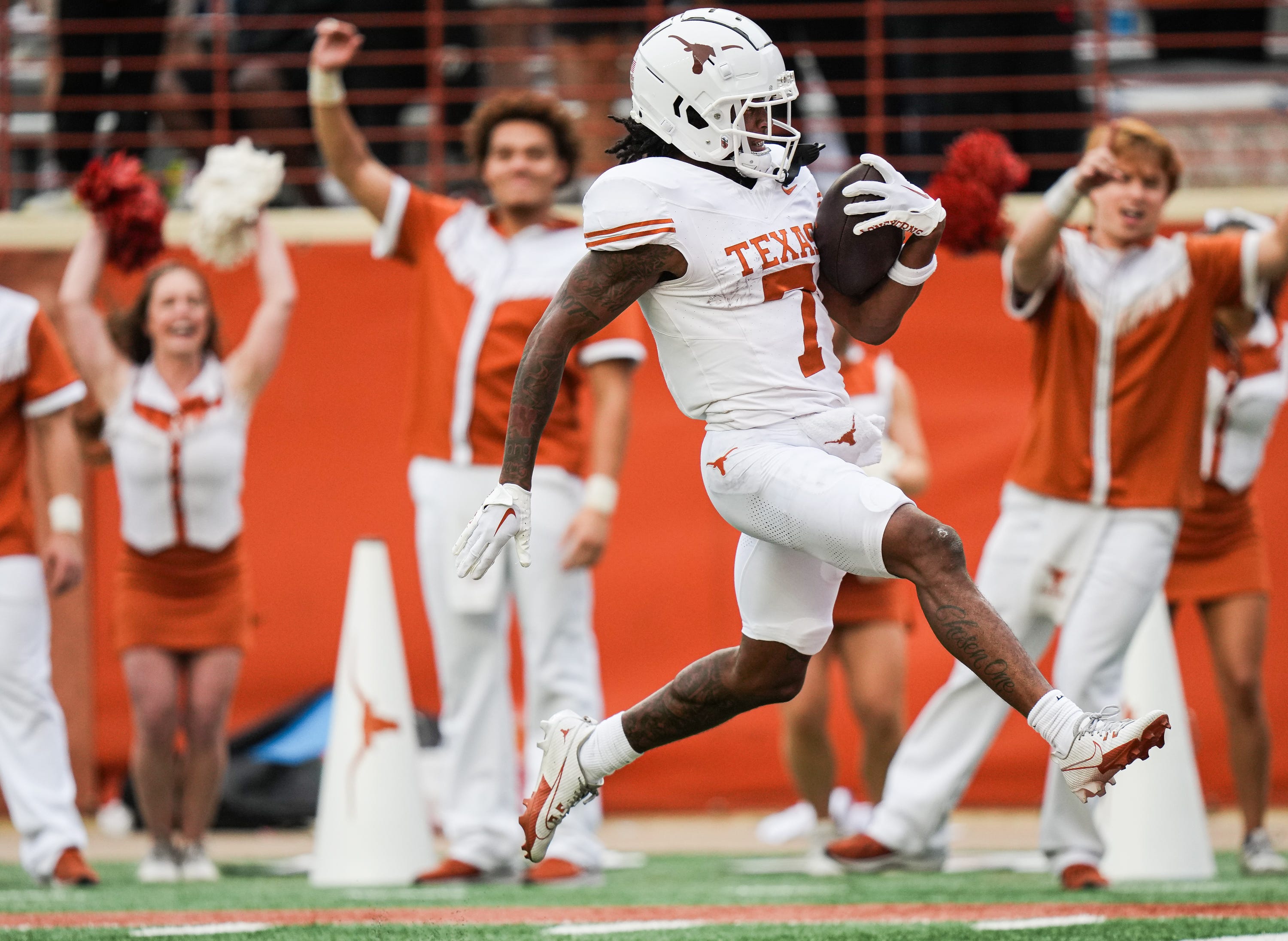 Texas White wide receiver Isaiah Bond runs the ball in to score a touchdown during the fourth quarter of the Longhorns' spring Orange and White game at Darrell K Royal Texas Memorial Stadium in Austin, Texas, April 20, 2024.