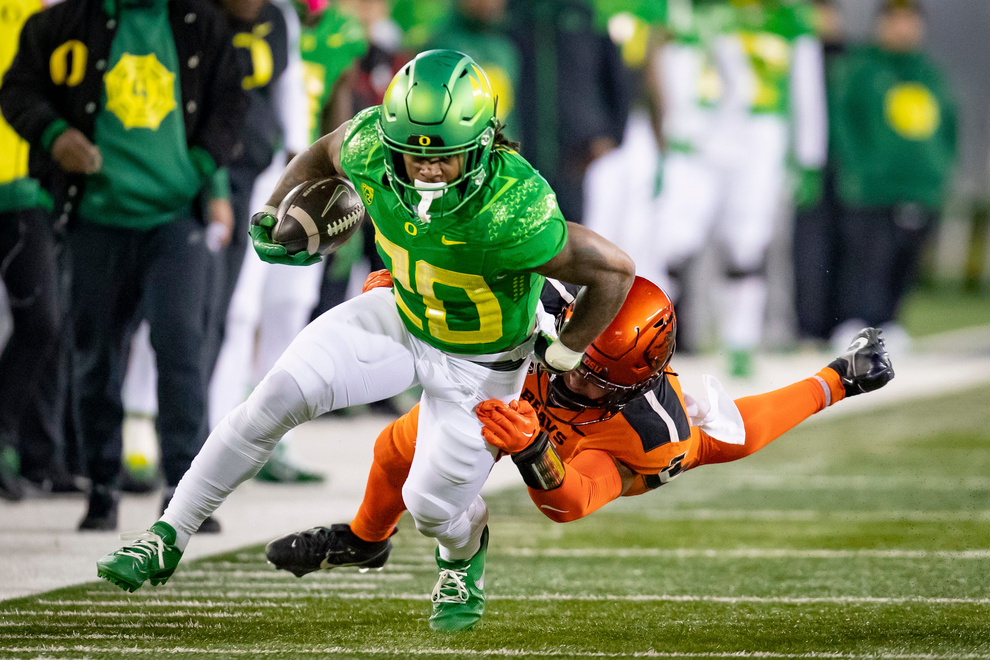 Oregon running back Jordan James carries the ball as the No. 6 Oregon Ducks take on the No. 16 Oregon State Beavers Friday, Nov. 24, 2023, at Autzen Stadium in Eugene, Ore.