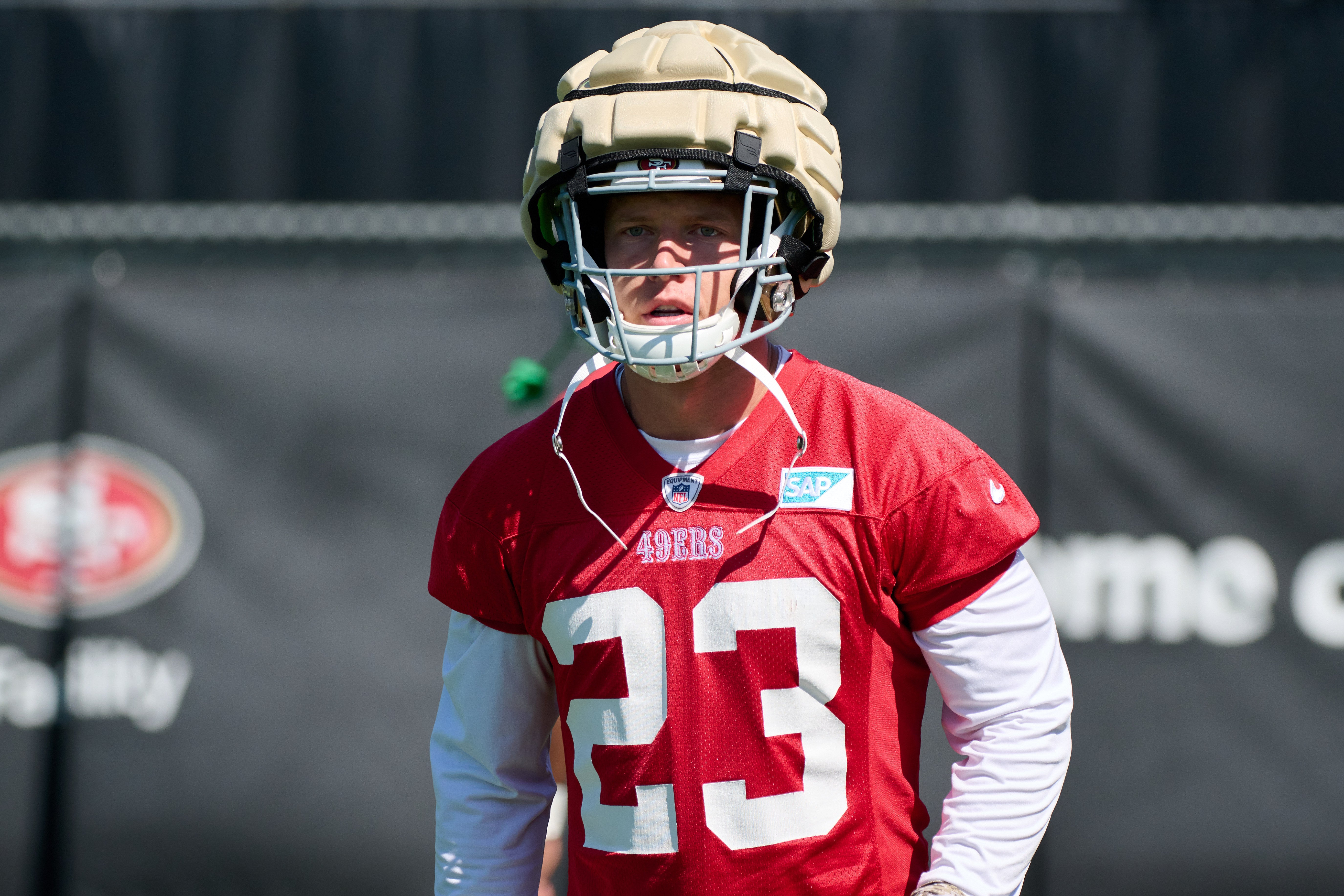 Jul 27, 2023; Santa Clara, CA, USA; San Francisco 49ers running back Christian McCaffrey (23) runs on the field during training camp at the SAP Performance Facility.