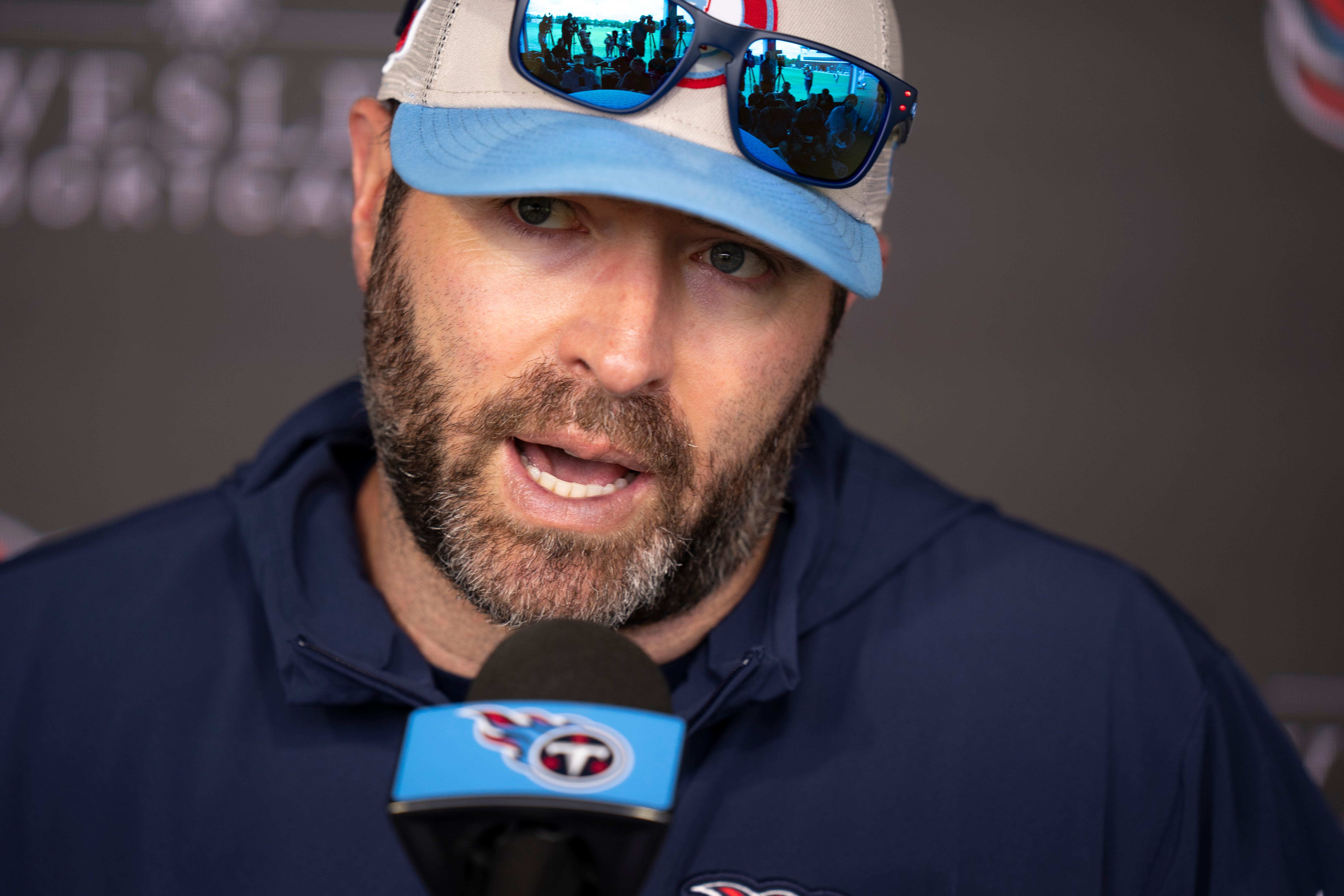 Tennessee Titans Head Coach Brian Callahan fields questions during rookie minicamp at Ascension Saint Thomas Sports Park in Nashville, Tenn., Friday, May 10, 2024 Denny Simmons / The Tennessean-USA TODAY NETWORK