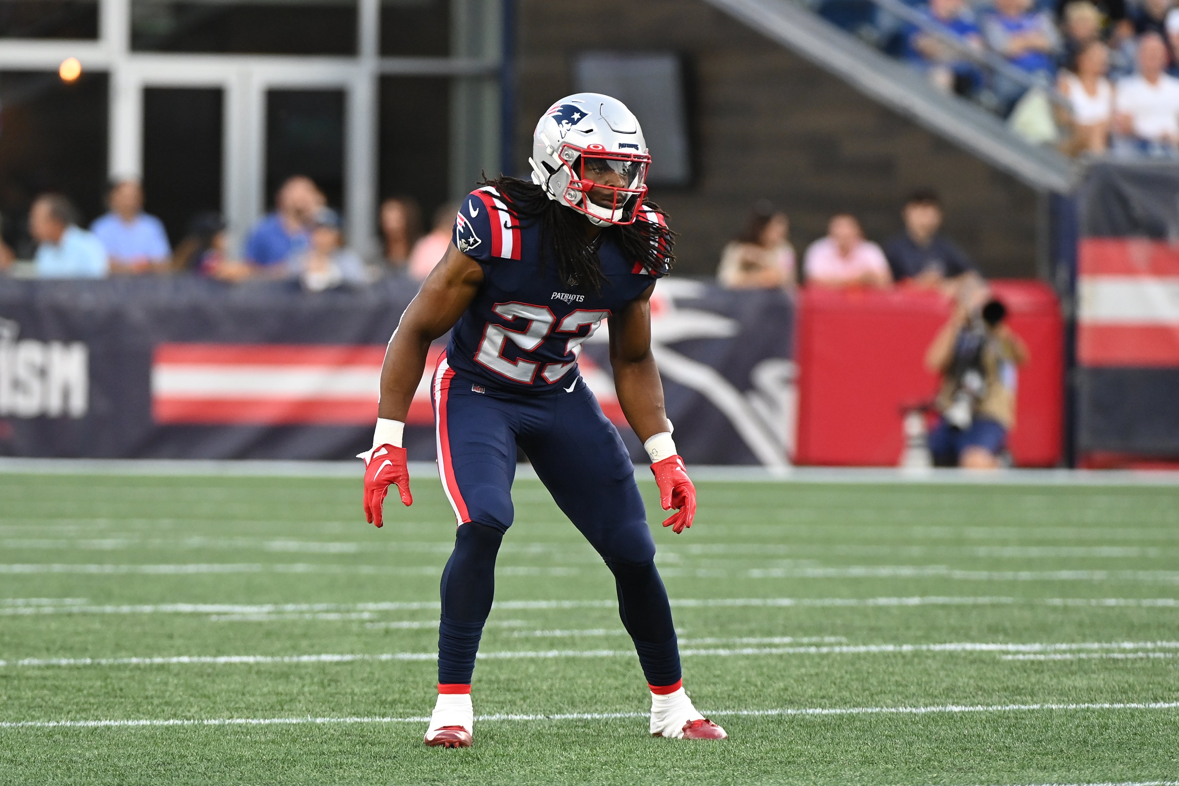 Aug 19, 2022; Foxborough, Massachusetts, USA; New England Patriots safety Kyle Dugger (23) in the backfield during the first half of a preseason game against the Carolina Panthers at Gillette Stadium