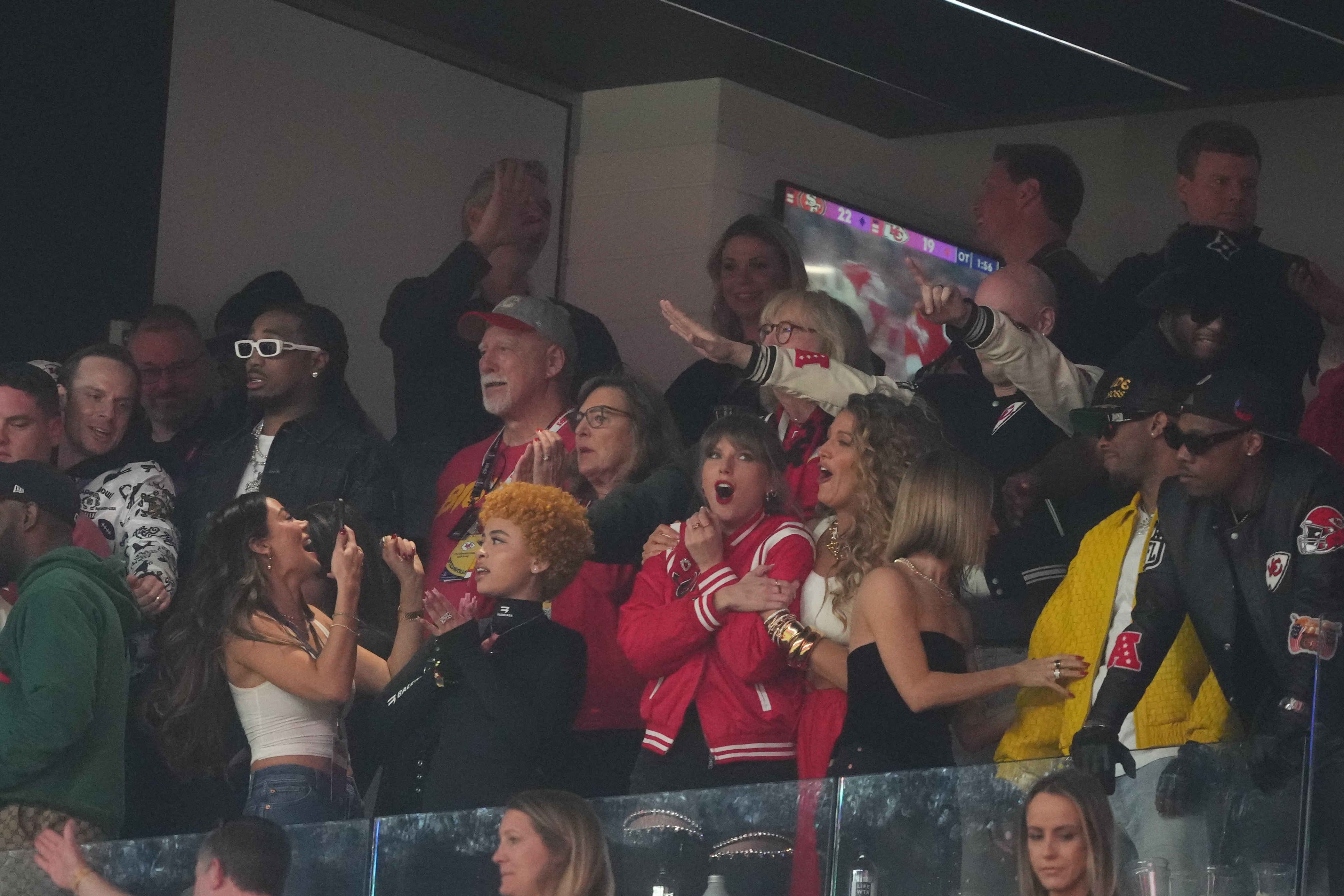 Feb 11, 2024; Paradise, Nevada, USA; Recording artist Taylor Swift celebrates the win as the Kansas City Chiefs win in overtime against the San Francisco 49ers of Super Bowl LVIII at Allegiant Stadium