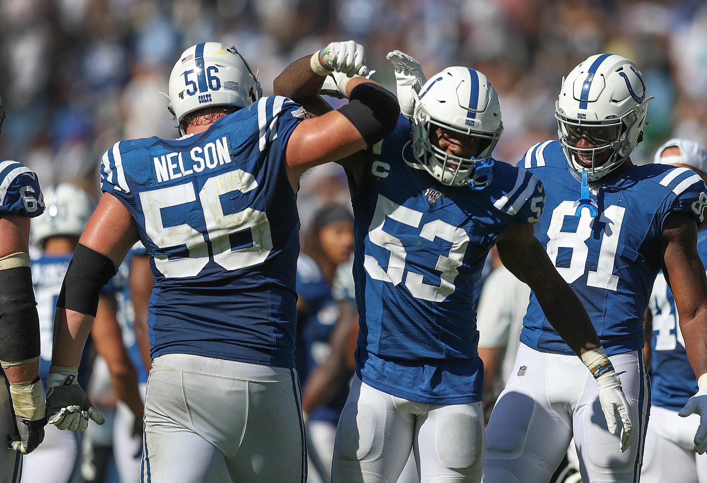 Indianapolis Colts outside linebacker Darius Leonard (53) celebrated with linebacker Quenton Nelson (56) in the fourth quarter of their game at Dignity Health Sports Park in Carson, CA., on Sept. 8, 2019. Indianapolis Colts Play The Los Angeles Chargers In Their Nfl Season Opener