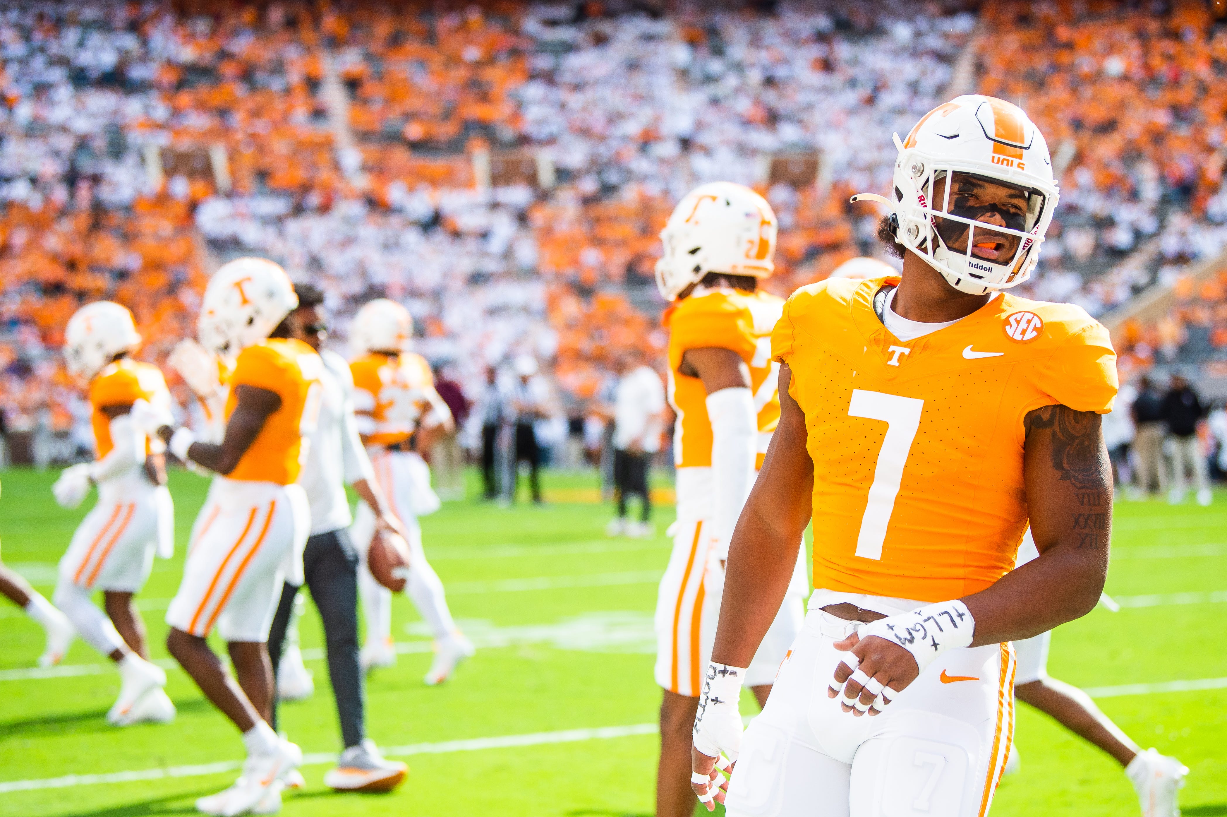 Tennessee linebacker Arion Carter (7) before a football game between Tennessee and Texas A&M at Neyland Stadium in Knoxville, Tenn., on Saturday, Oct. 14, 2023.