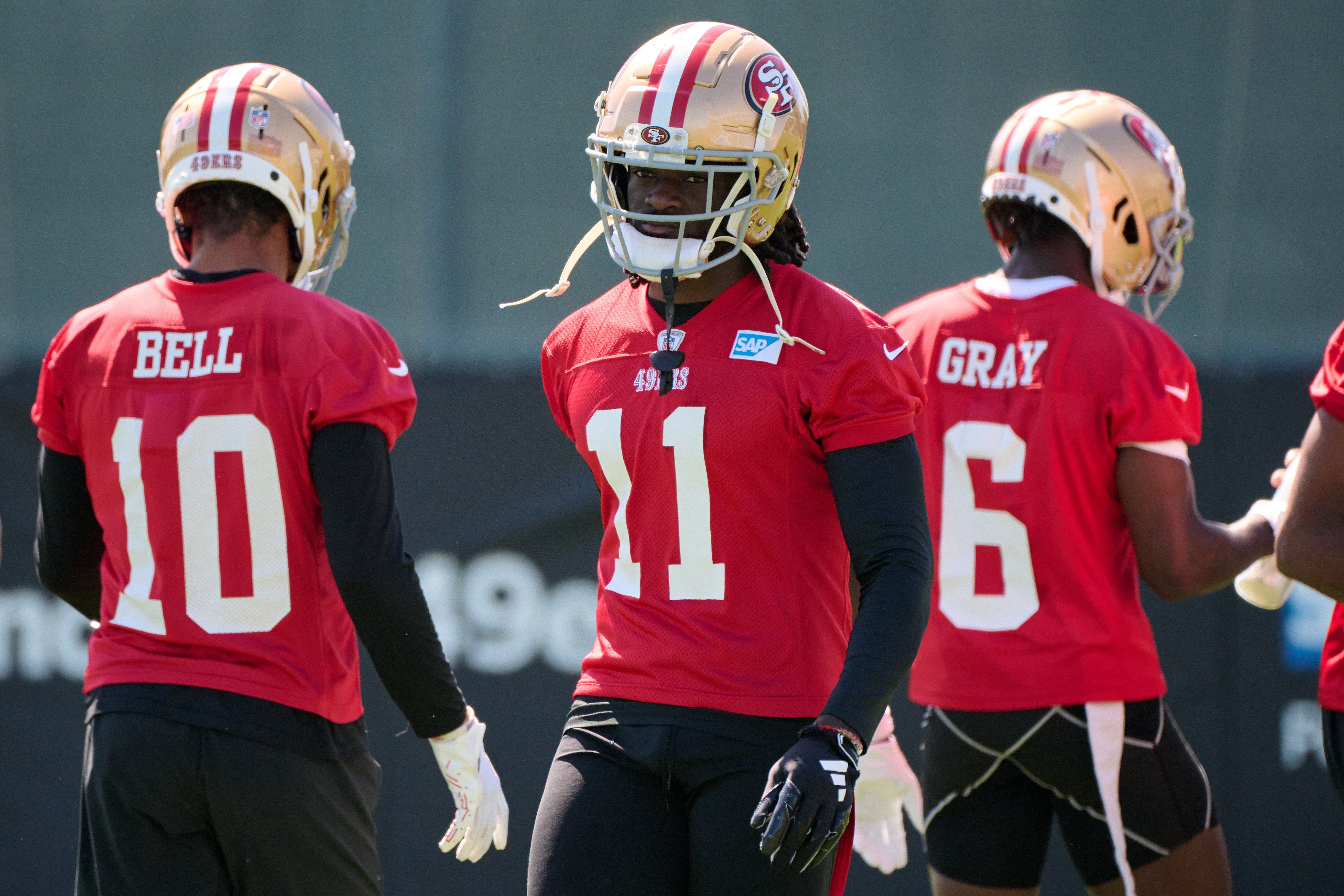 Jul 27, 2023; Santa Clara, CA, USA; San Francisco 49ers wide receiver Brandon Aiyuk (11) walks on the field during training camp at the SAP Performance Facility.