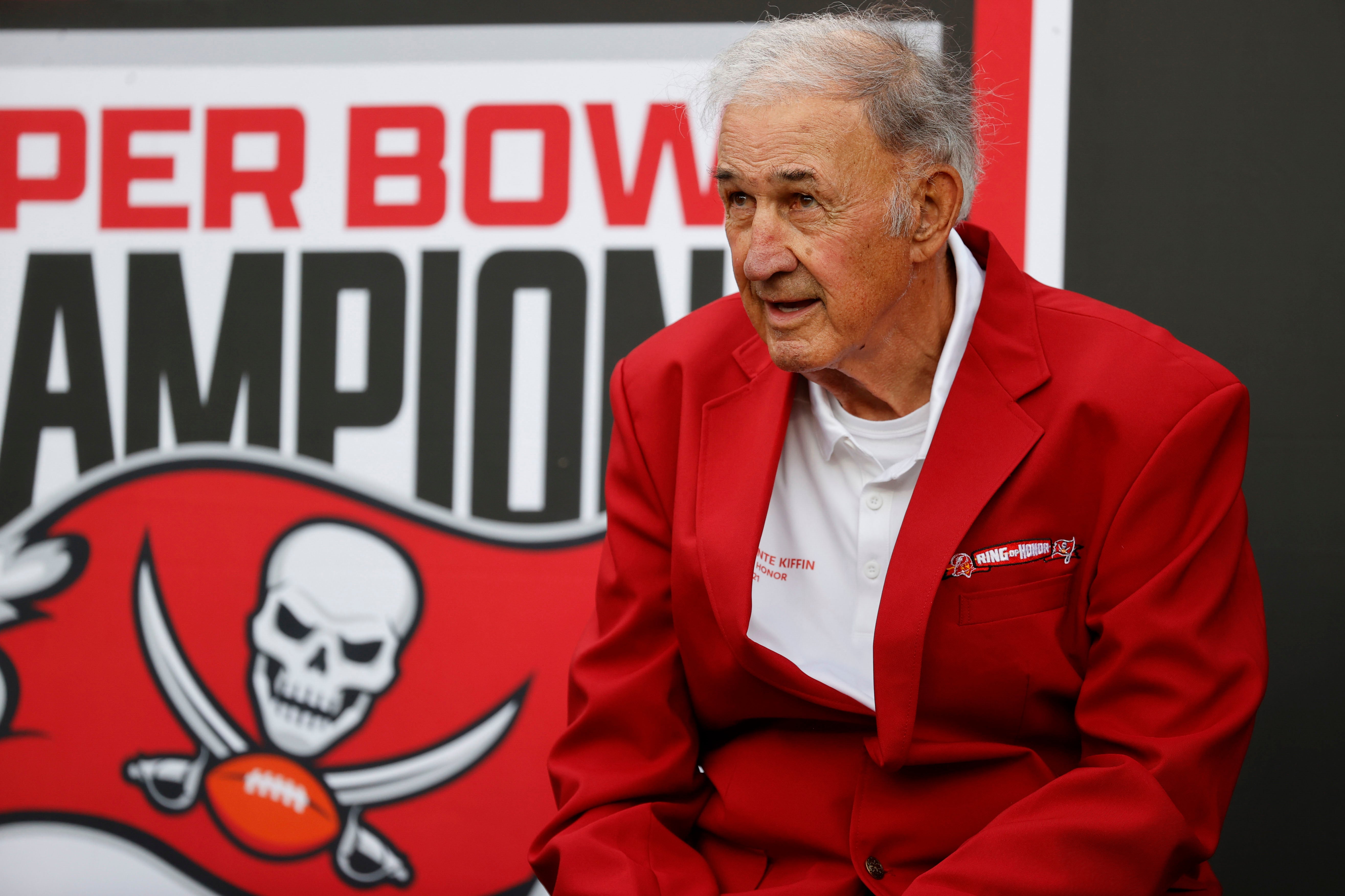 Sep 19, 2021; Tampa, Florida, USA; Tampa Bay Buccaneers former defensive coordinator Monte Kiffin becomes part of the Ring of Honor during halftime against the Atlanta Falcons at Raymond James Stadium.