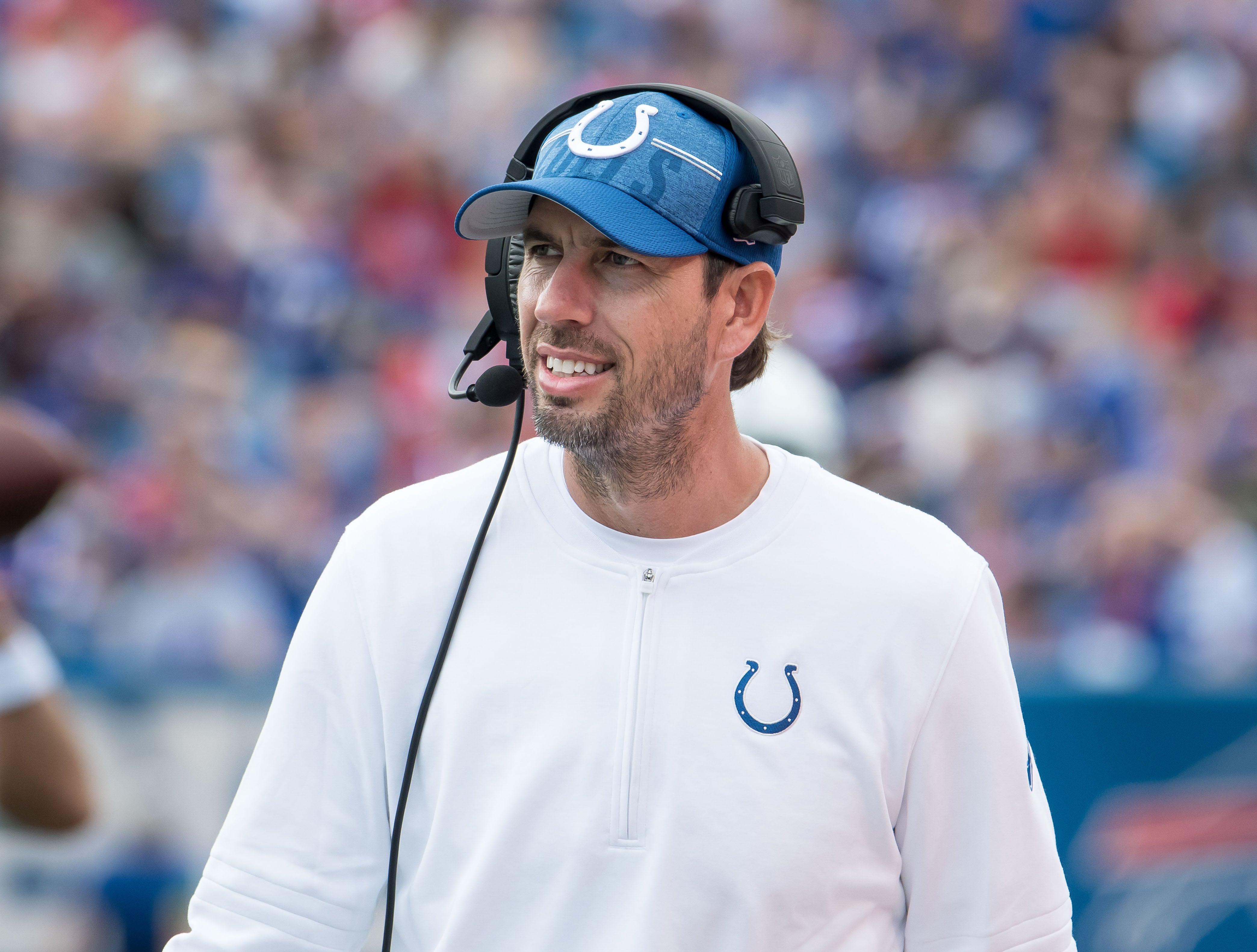 Aug 12, 2023; Orchard Park, New York, USA; Indianapolis Colts head coach Shane Steichen walks the sidelines in the fourth quarter of a preseason game against the Buffalo Bills at Highmark Stadium.