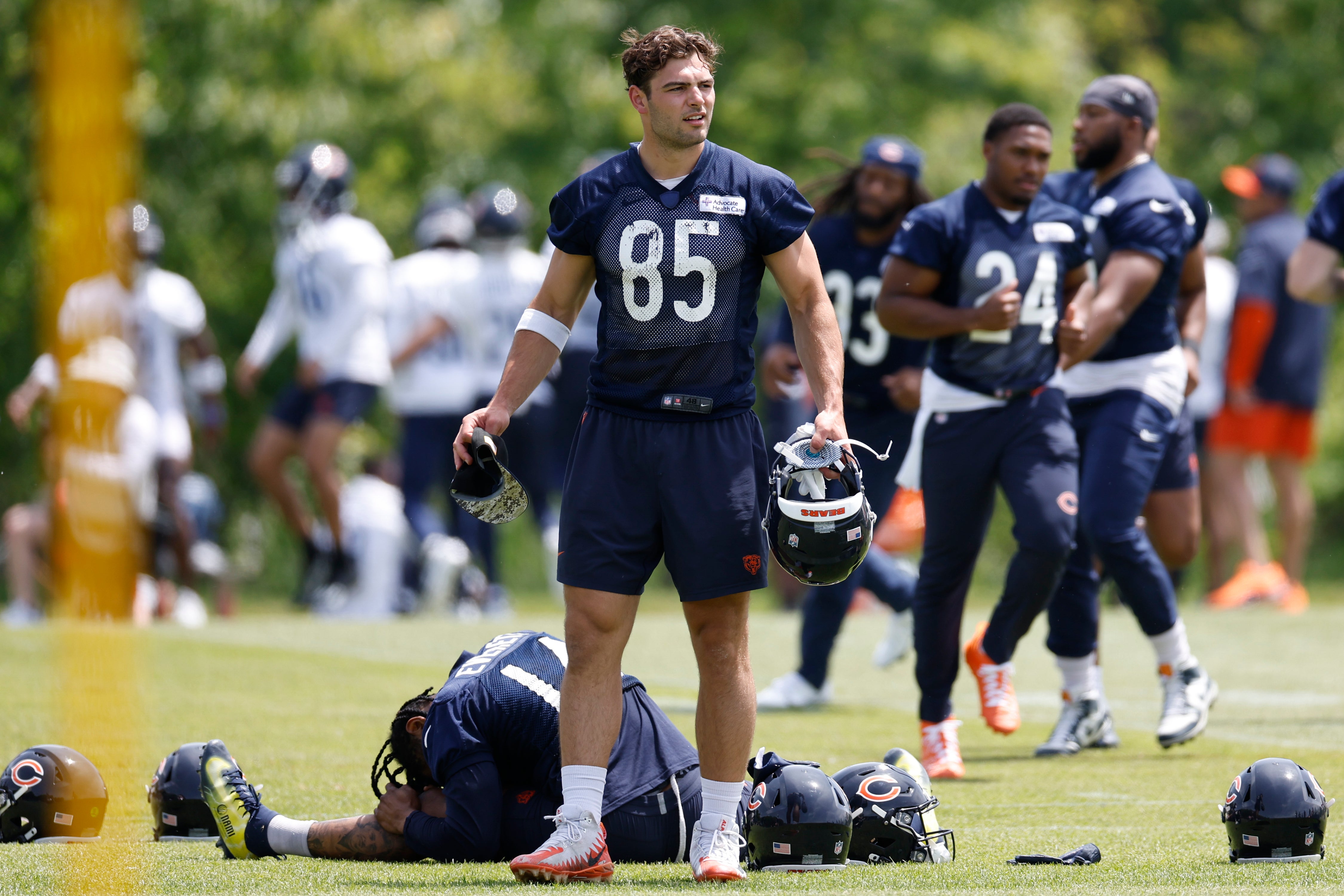May 31, 2024; Lake Forest, IL, USA; Chicago Bears tight end Cole Kmet (85) looks on during organized team activities at Halas Hall.