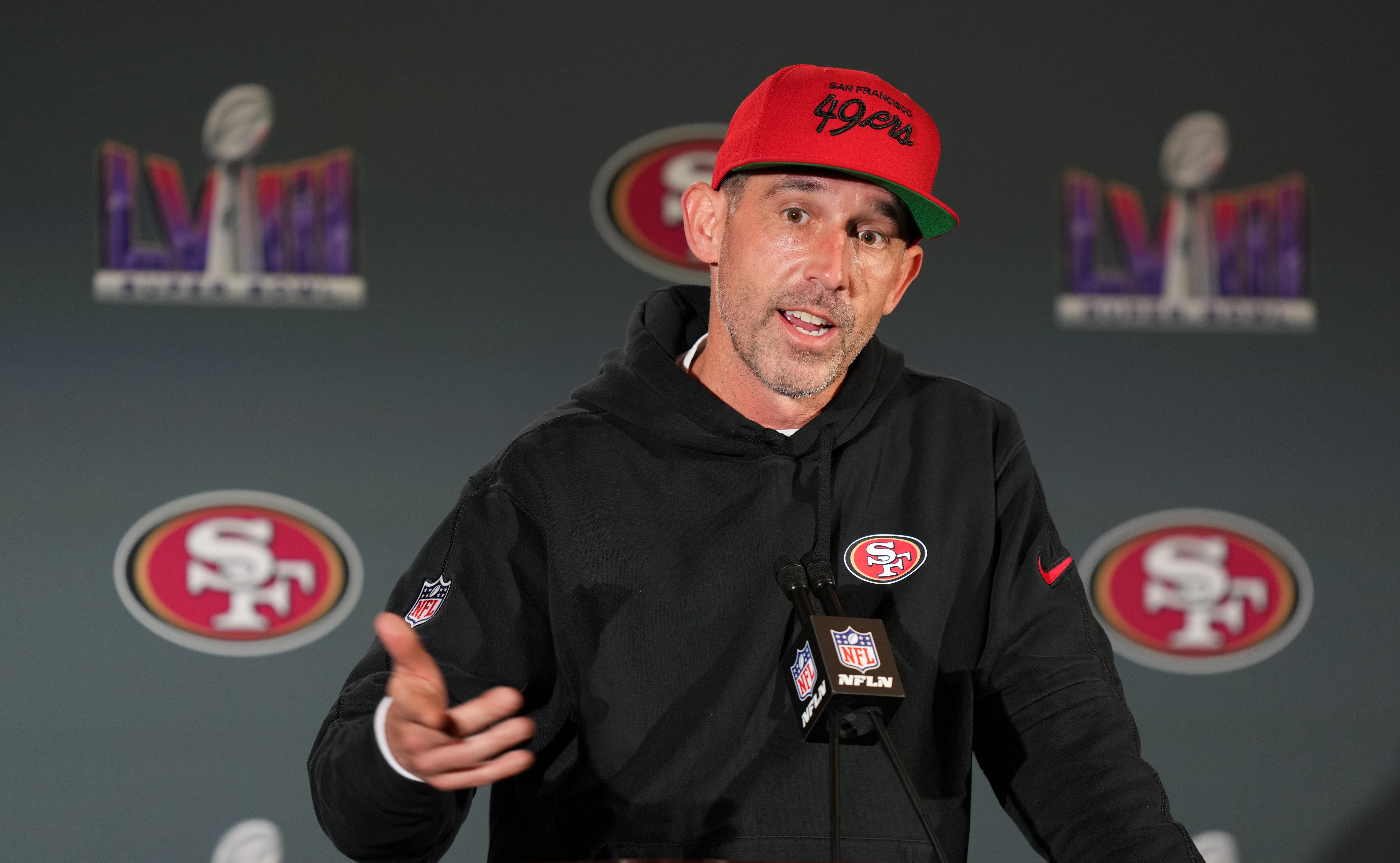 Feb 7, 2024; Las Vegas, NV, USA; San Francisco 49ers head coach Kyle Shanahan speaks during a press conference before Super Bowl LVIII at Hilton Lake Las Vegas Resort and Spa.