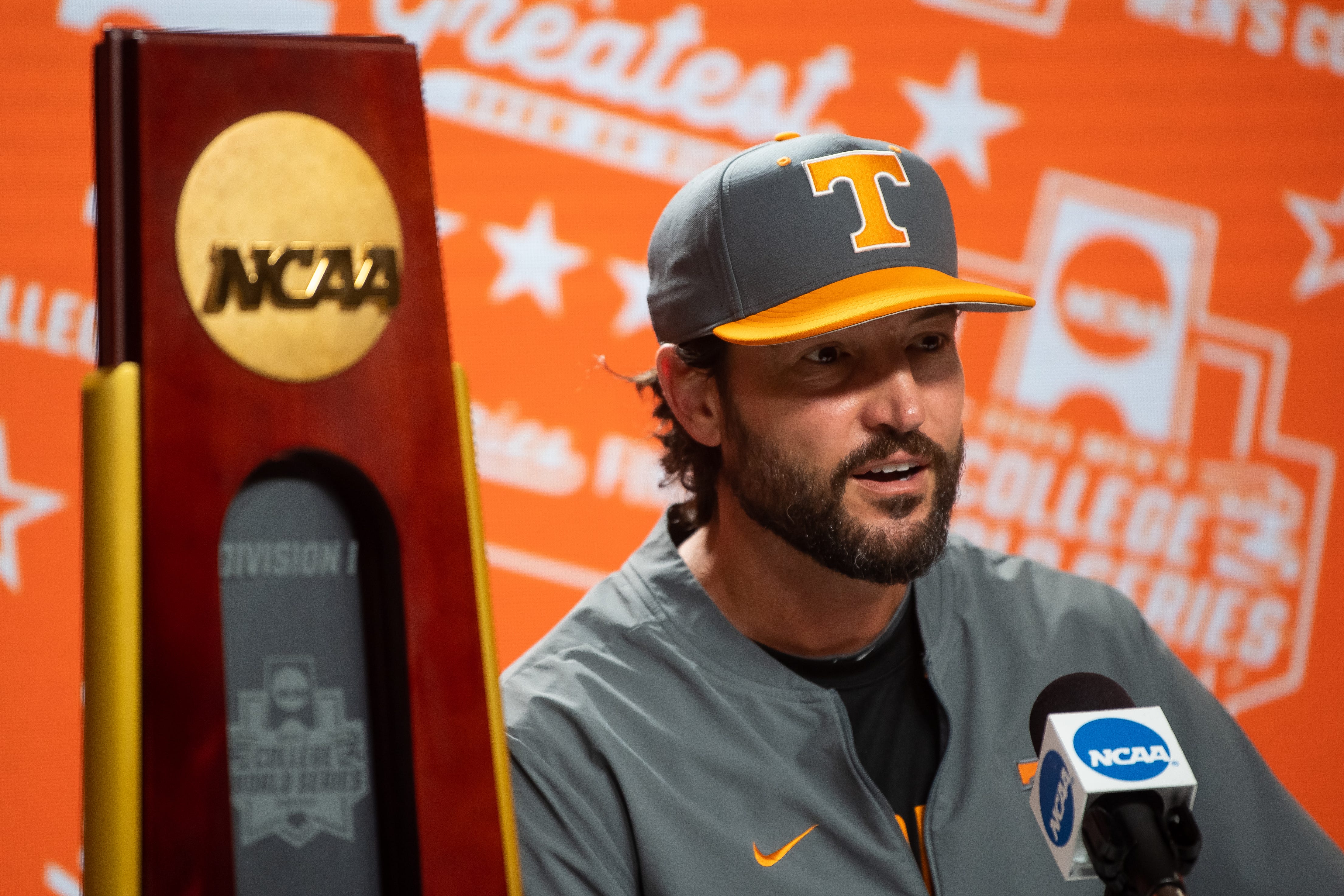 Tennessee head coach Tony Vitello speaks during a press conference before the NCAA College World Series finals at Charles Schwab Field in Omaha, Neb., on Friday, June 21, 2024.