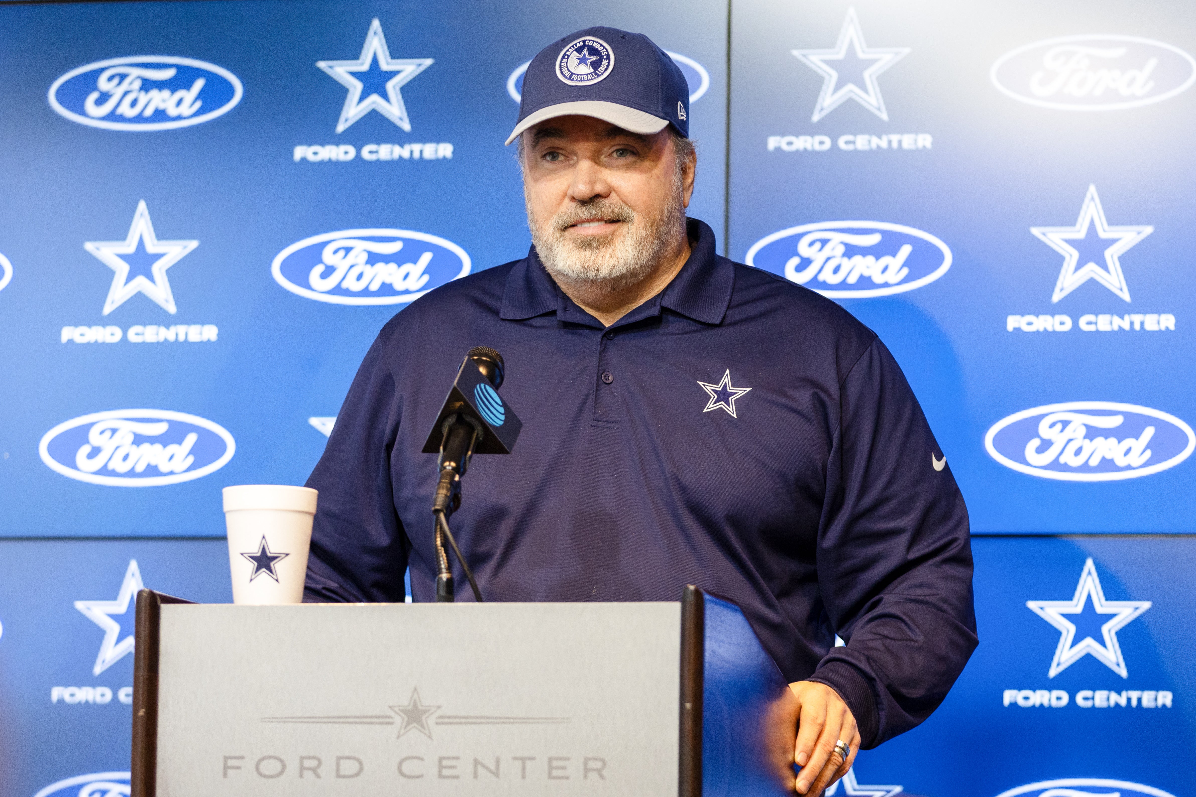 Dallas Cowboys head coach Mike McCarthy addresses the media before practice at the Ford Center at the Star Training Facility in Frisco, Texas.