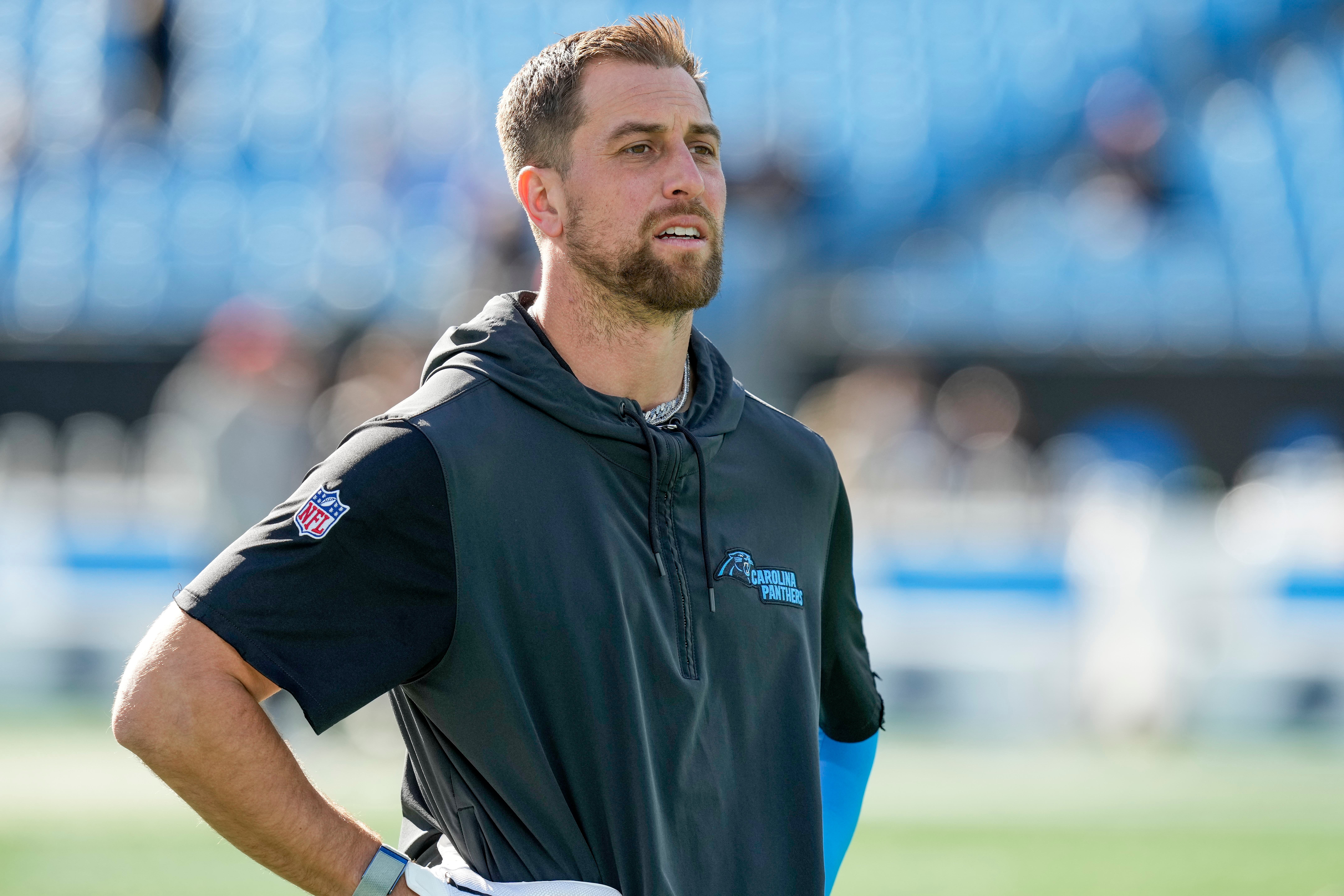 Jan 7, 2024; Charlotte, North Carolina, USA; Carolina Panthers wide receiver Adam Thielen (19) during pregame warm ups against the Tampa Bay Buccaneers at Bank of America Stadium. Mandatory Credit: Jim Dedmon-USA TODAY Sports