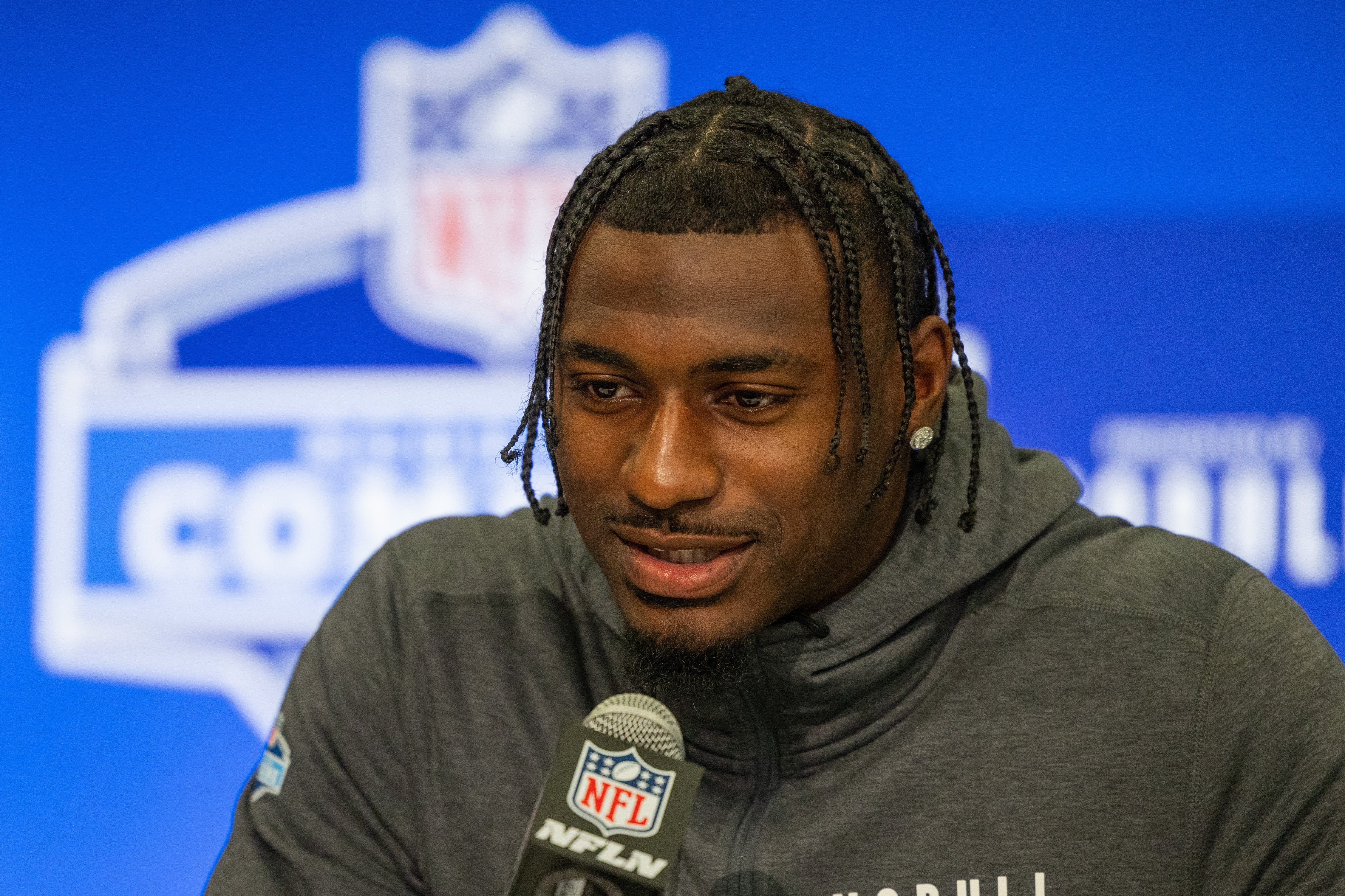 Mar 1, 2024; Indianapolis, IN, USA; South Carolina wide receiver Xavier Legette (WO14) talks to the media during the 2024 NFL Combine at Lucas Oil Stadium. Mandatory Credit: Trevor Ruszkowski-USA TODAY Sports