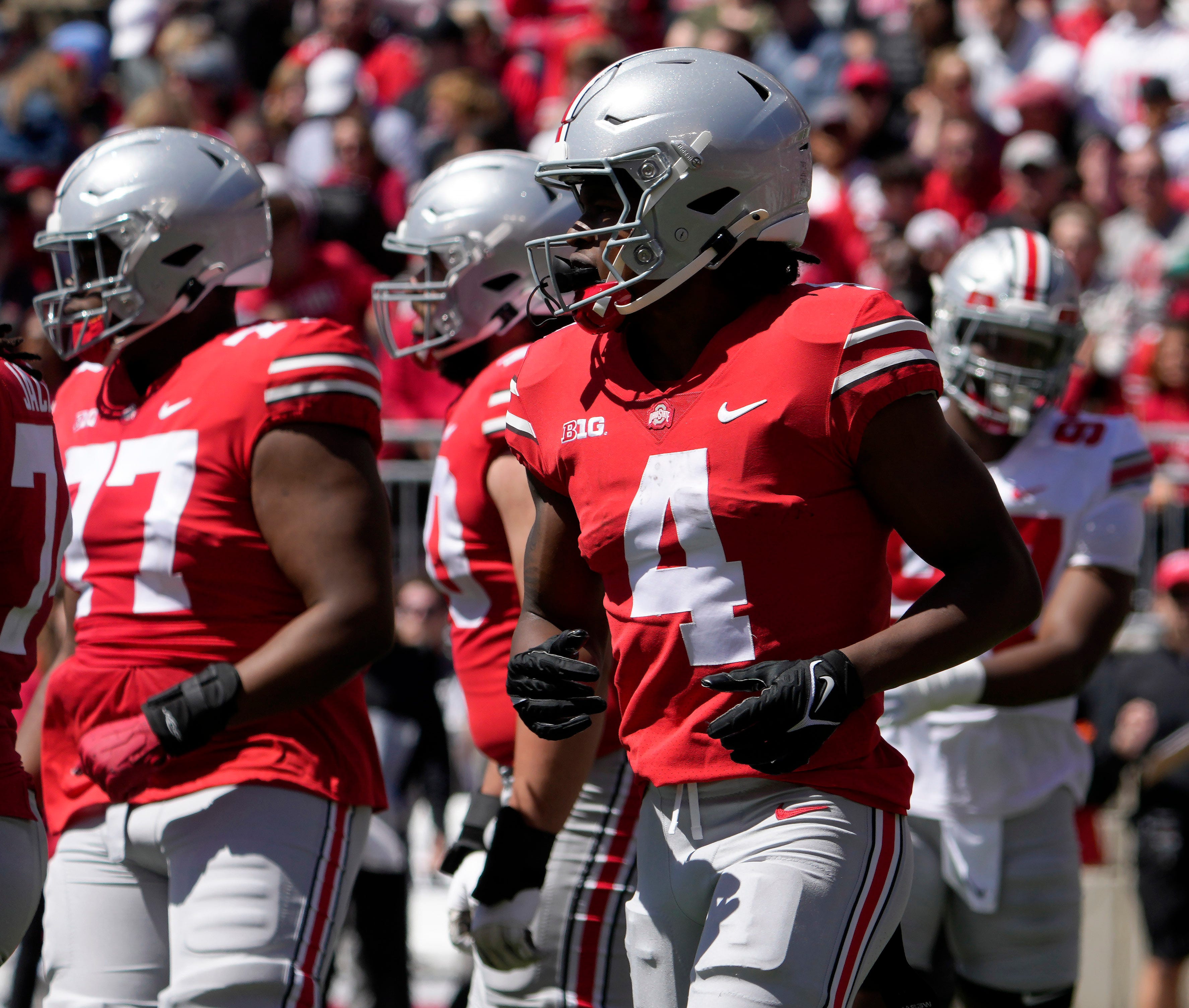April 13, 2024; Columbus, Ohio, USA; Ohio State Buckeyes wide receiver Jeremiah Smith (4) competes during the first half of the LifeSports spring football game at Ohio Stadium on Saturday.