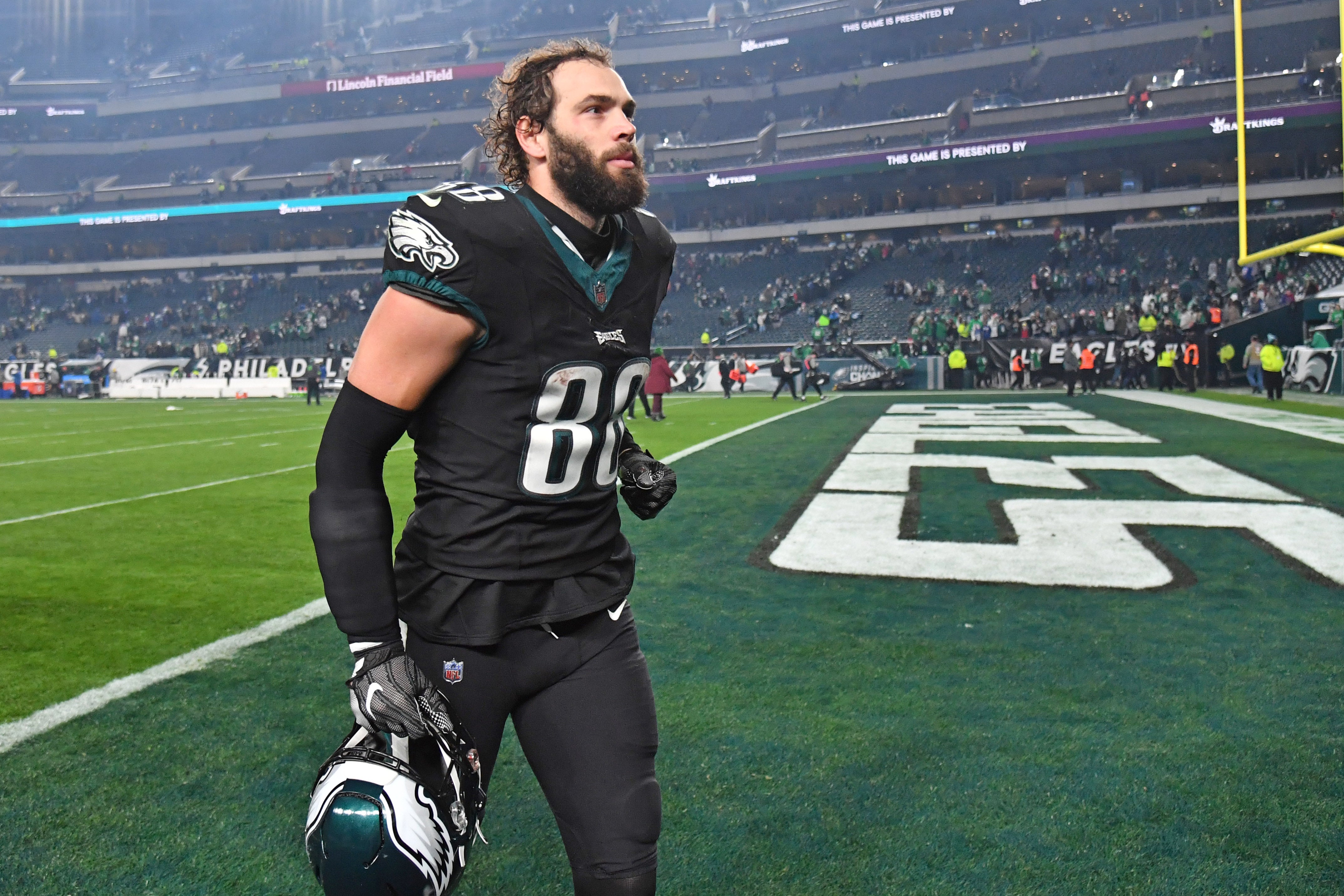 Philadelphia Eagles tight end Dallas Goedert (88) walks off the field against the New York Giants at Lincoln Financial Field.