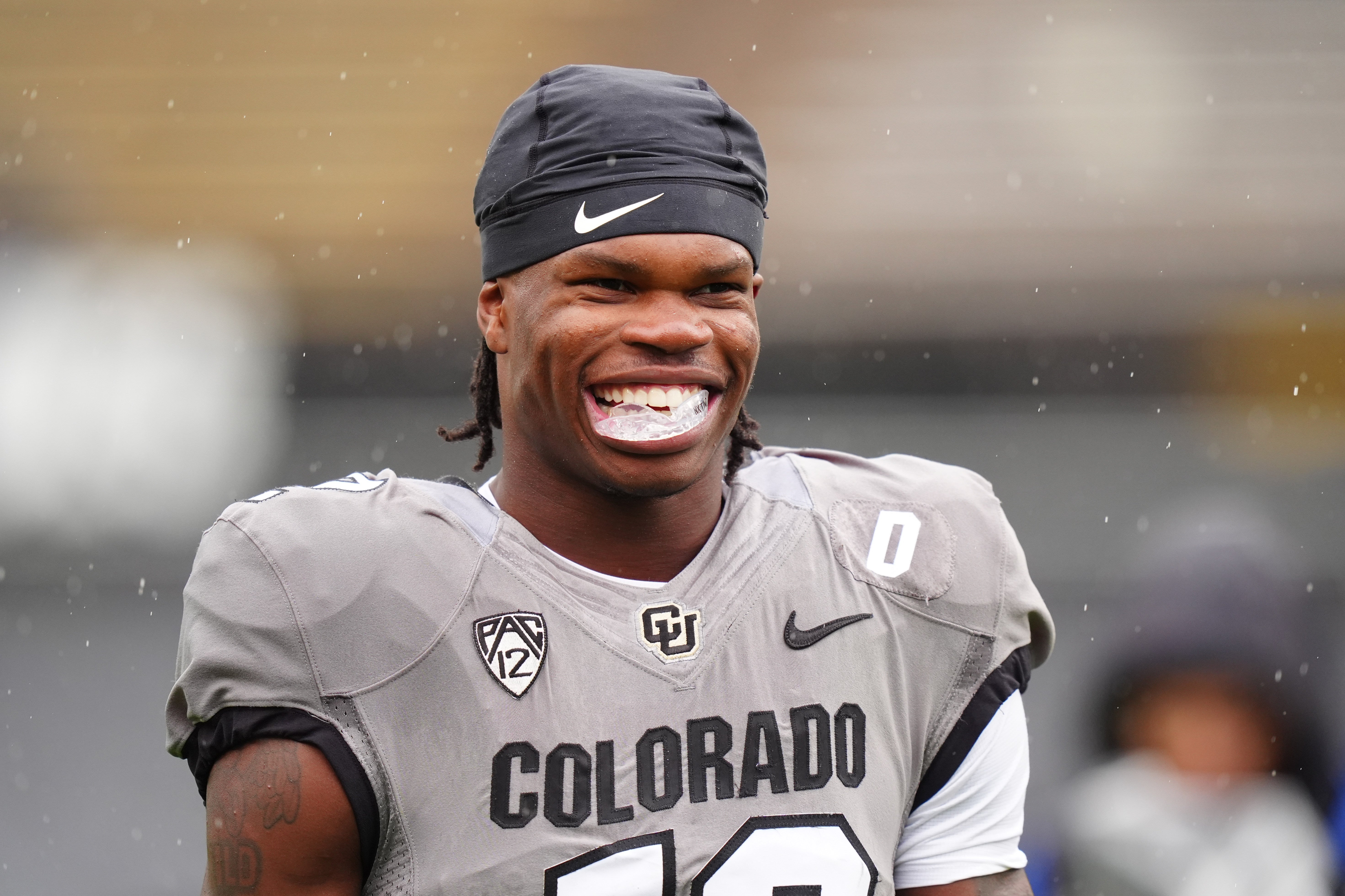 Apr 27, 2024; Boulder, CO, USA; Colorado Buffaloes cornerback Travis Hunter (12) warms up before a spring game event at Folsom Field.