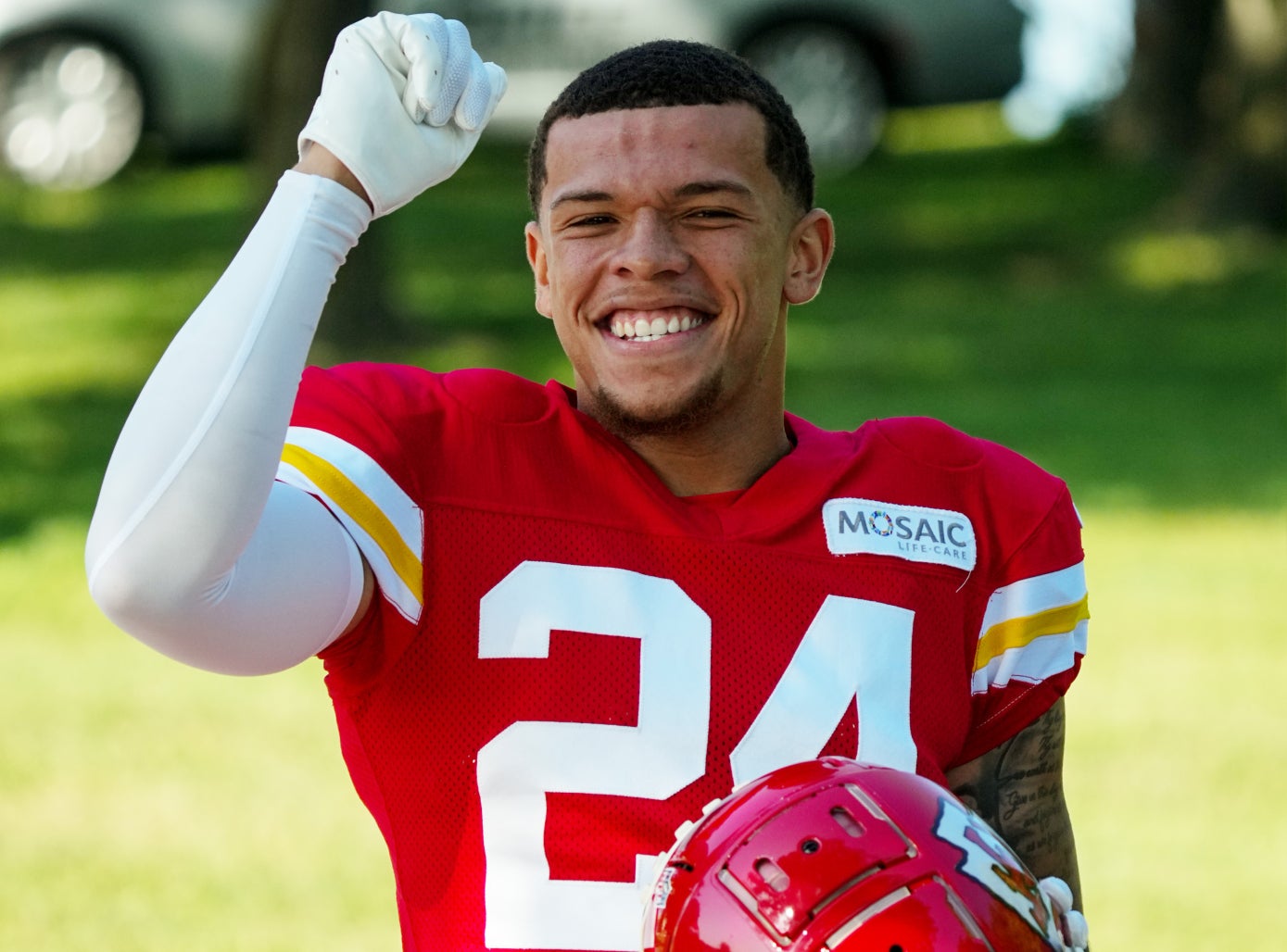Jul 28, 2023; St. Joseph, MO, USA; Kansas City Chiefs wide receiver Skyy Moore (24) greets fans as he arrives prior to training camp at Missouri Western State University.