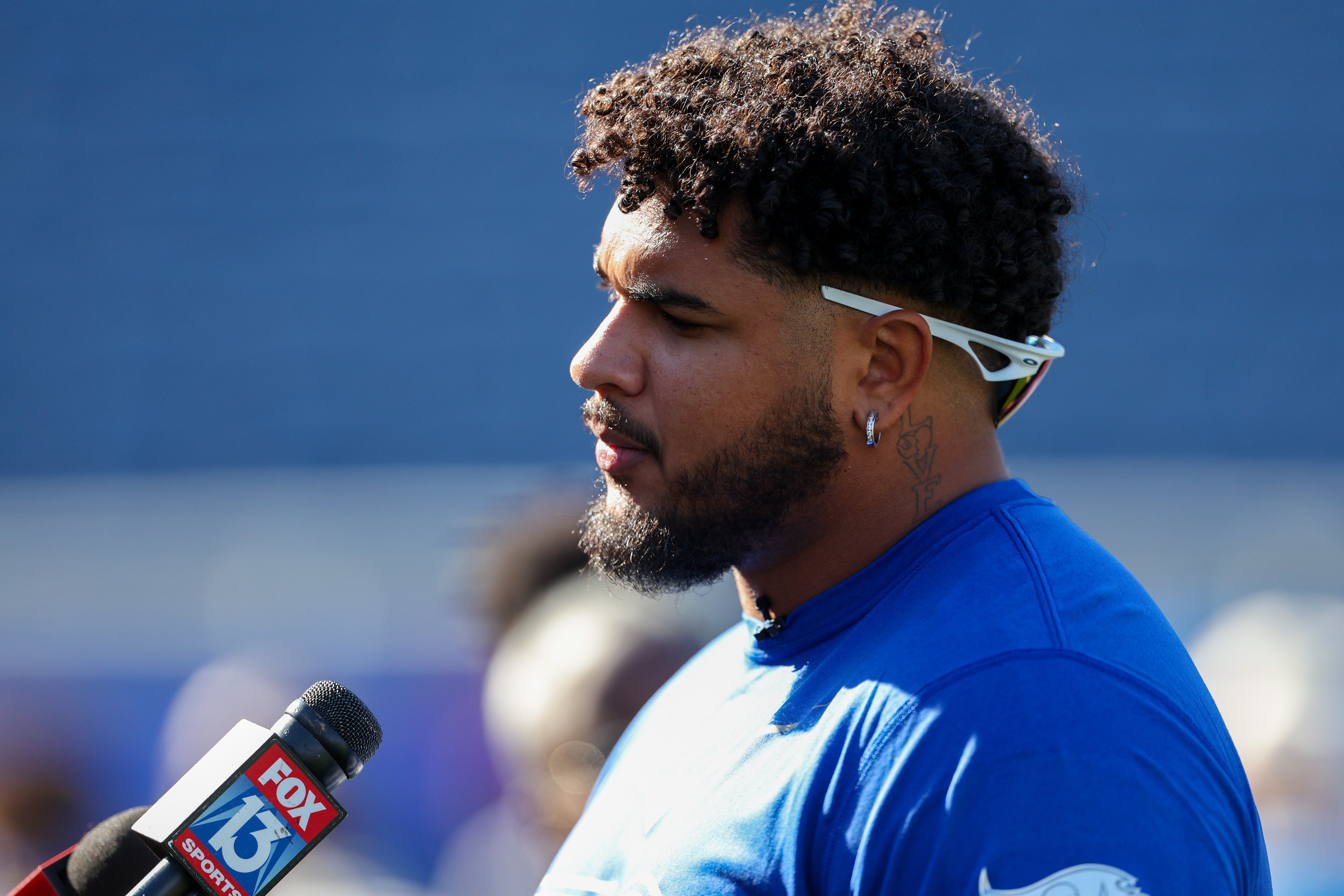 Feb 2, 2024; Orlando, FL, USA; Tampa Bay Buccaneers tackle Tristan Wirfs (78) participates in the AFC versus NFC Pro Bowl practice and media day at Camping World Stadium.
