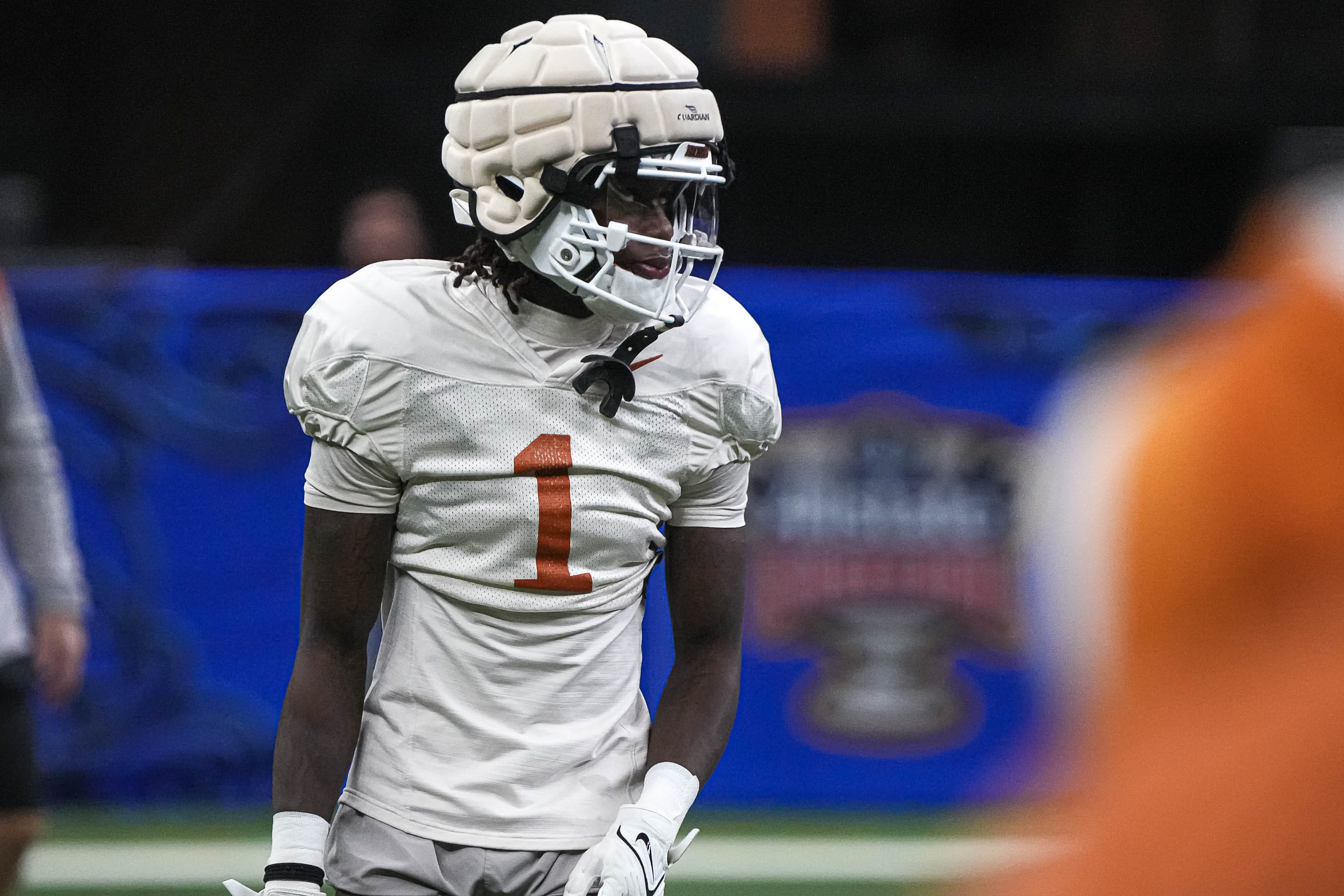 Texas Longhorns wide receiver Xavier Worthy (1) walks the field during practice at the Superdome on Thursday, Dec. 28, 2023 in New Orleans, Louisiana. The Texas Longhorns will face the Washington Huskies in the Sugar Bowl on January 1, 2024.  