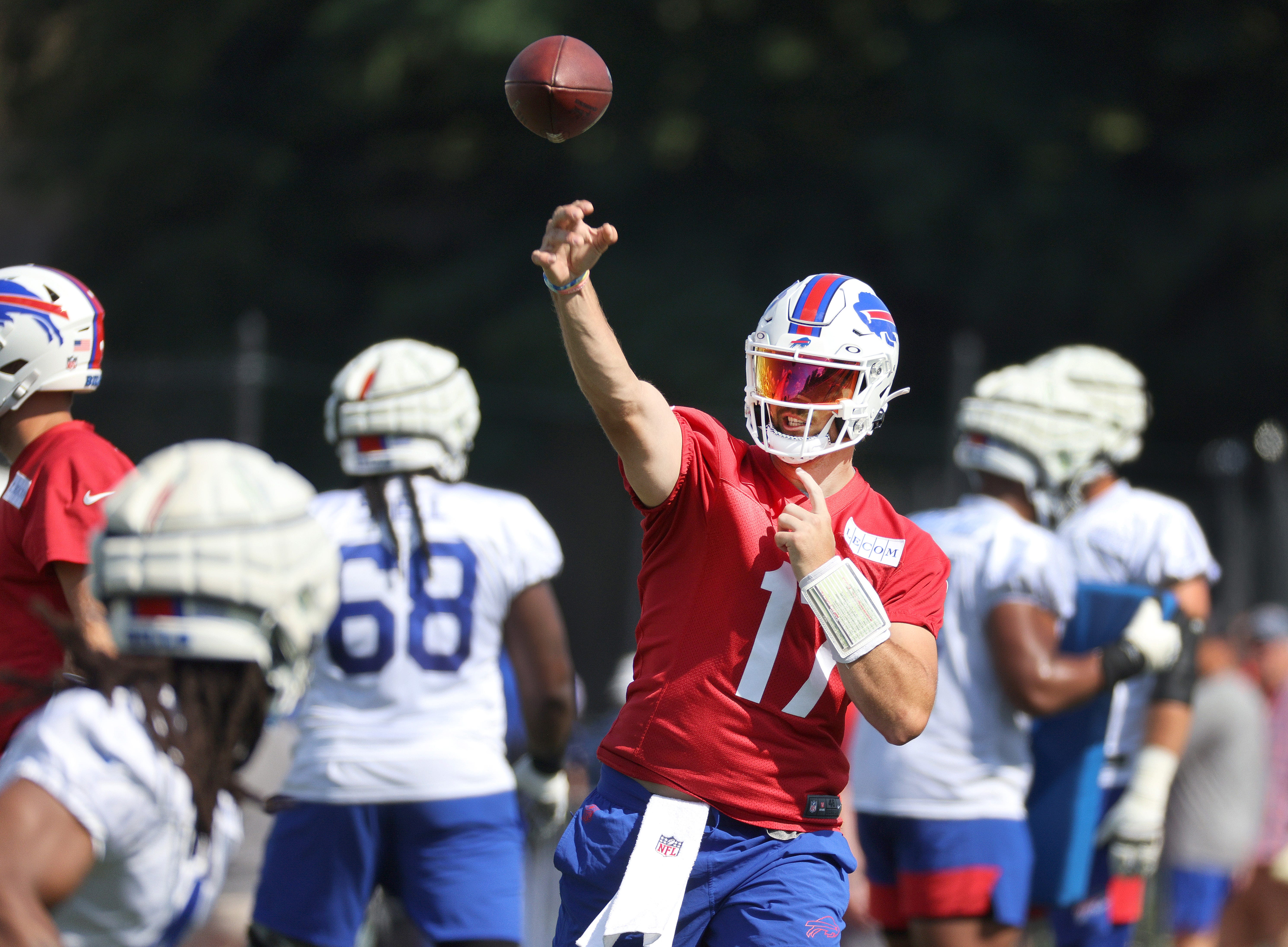 Bills quarterback Josh Allen throws over the middle during training camp.