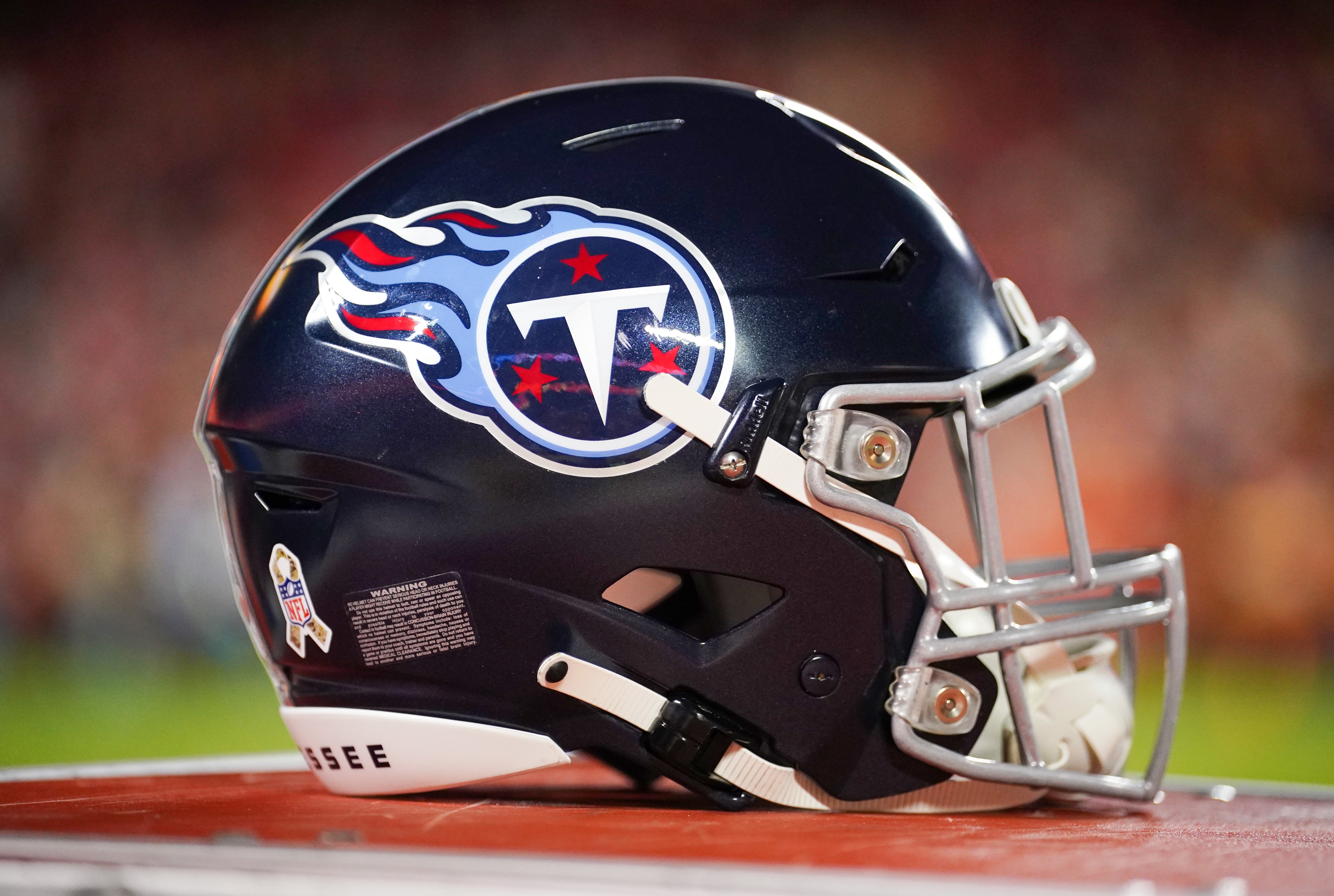 A general view of a Tennessee Titans helmet against the Kansas City Chiefs prior to the game at GEHA Field at Arrowhead Stadium. Denny Medley-USA TODAY Sports